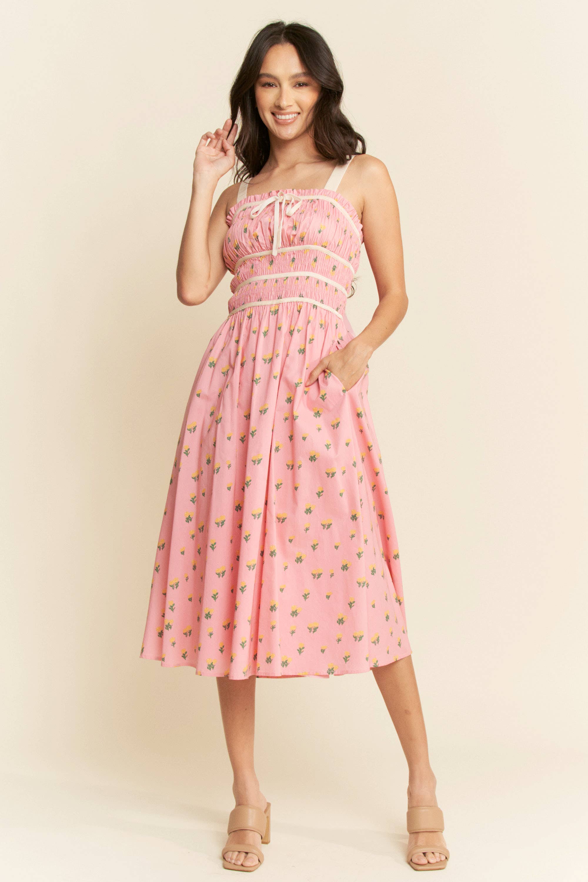 Contrast Velvet Smocking Bodice Midi Dress (Plus)