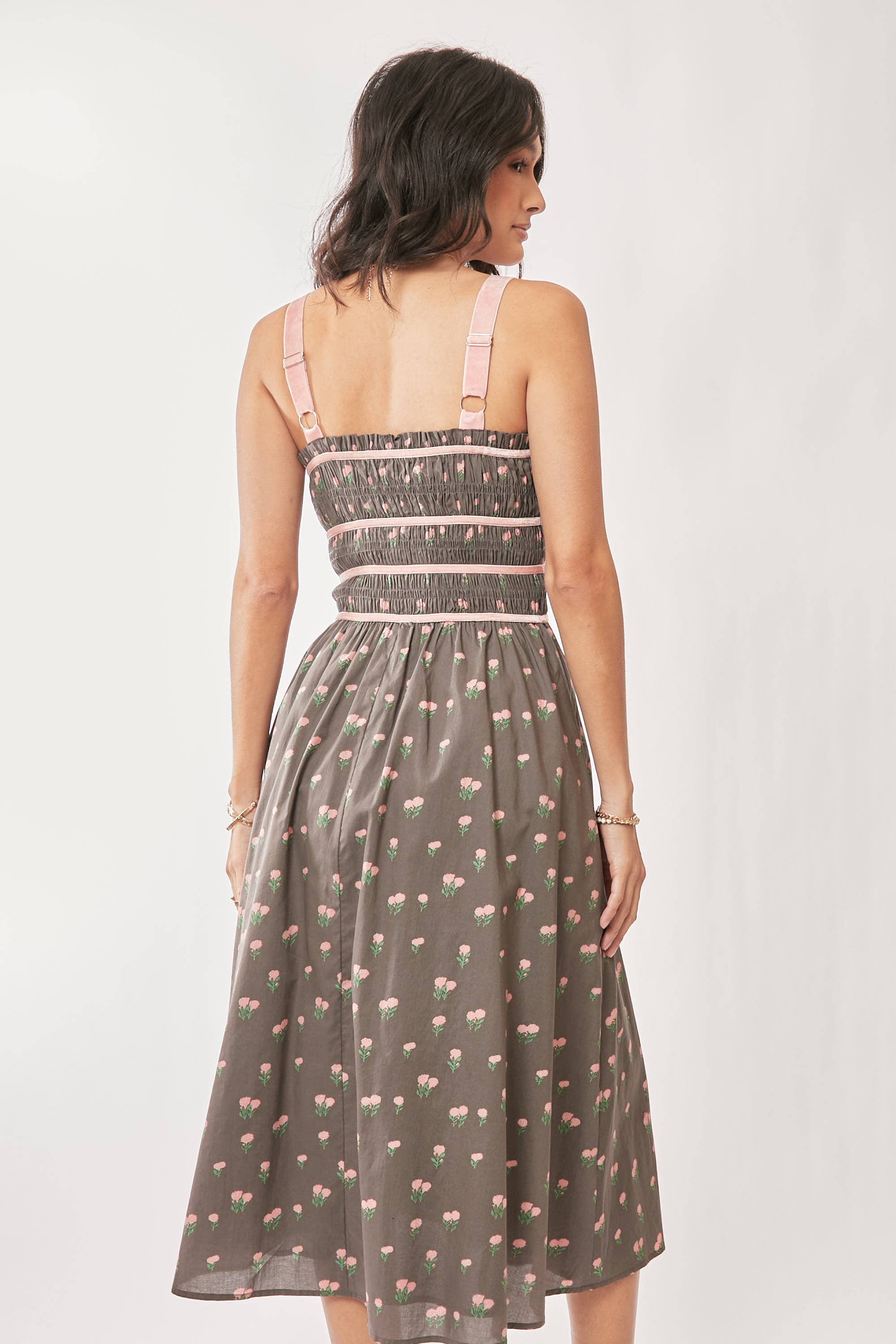 Contrast Velvet Smocking Bodice Midi Dress