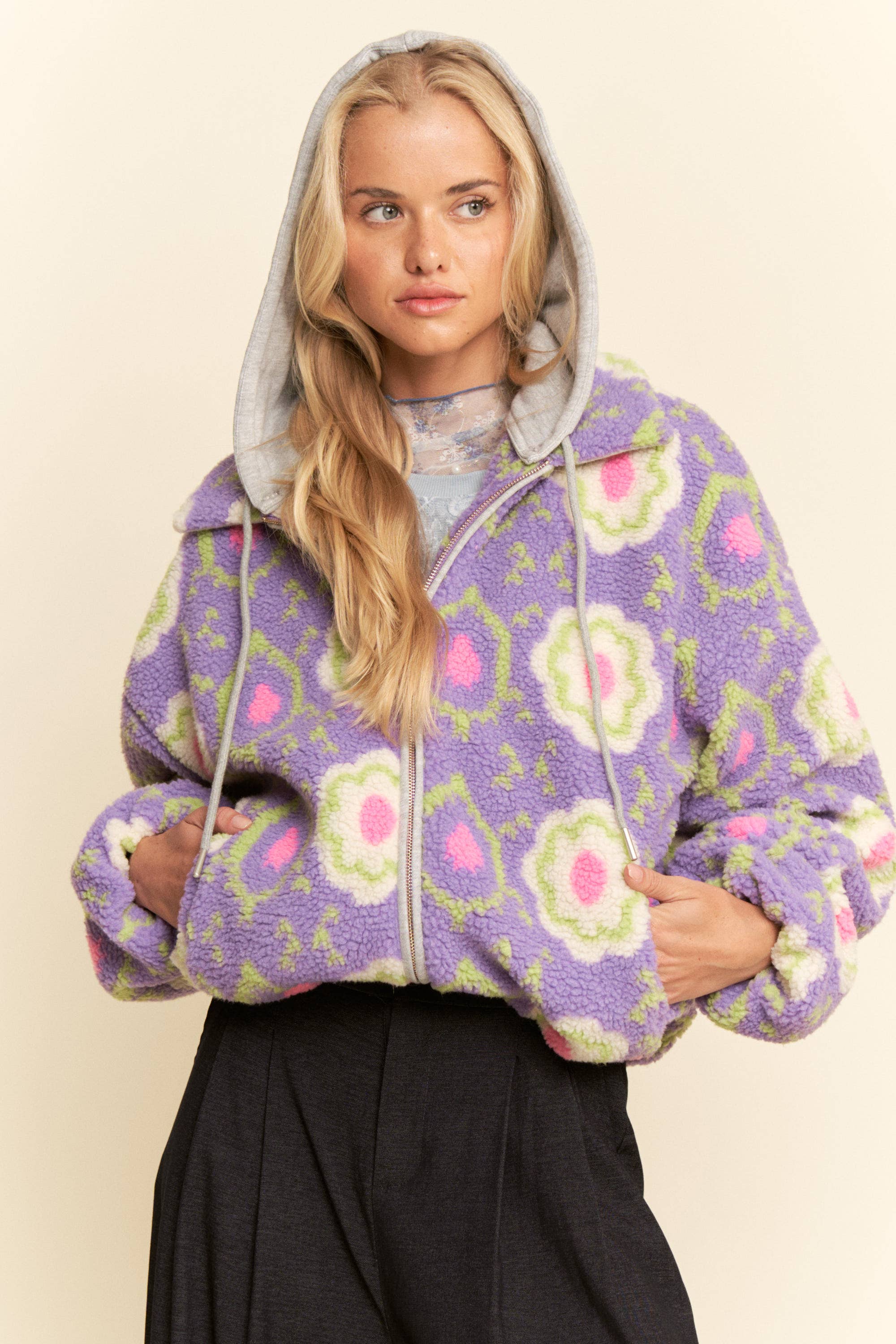 Purple Floral Sherpa Zip Jacket
