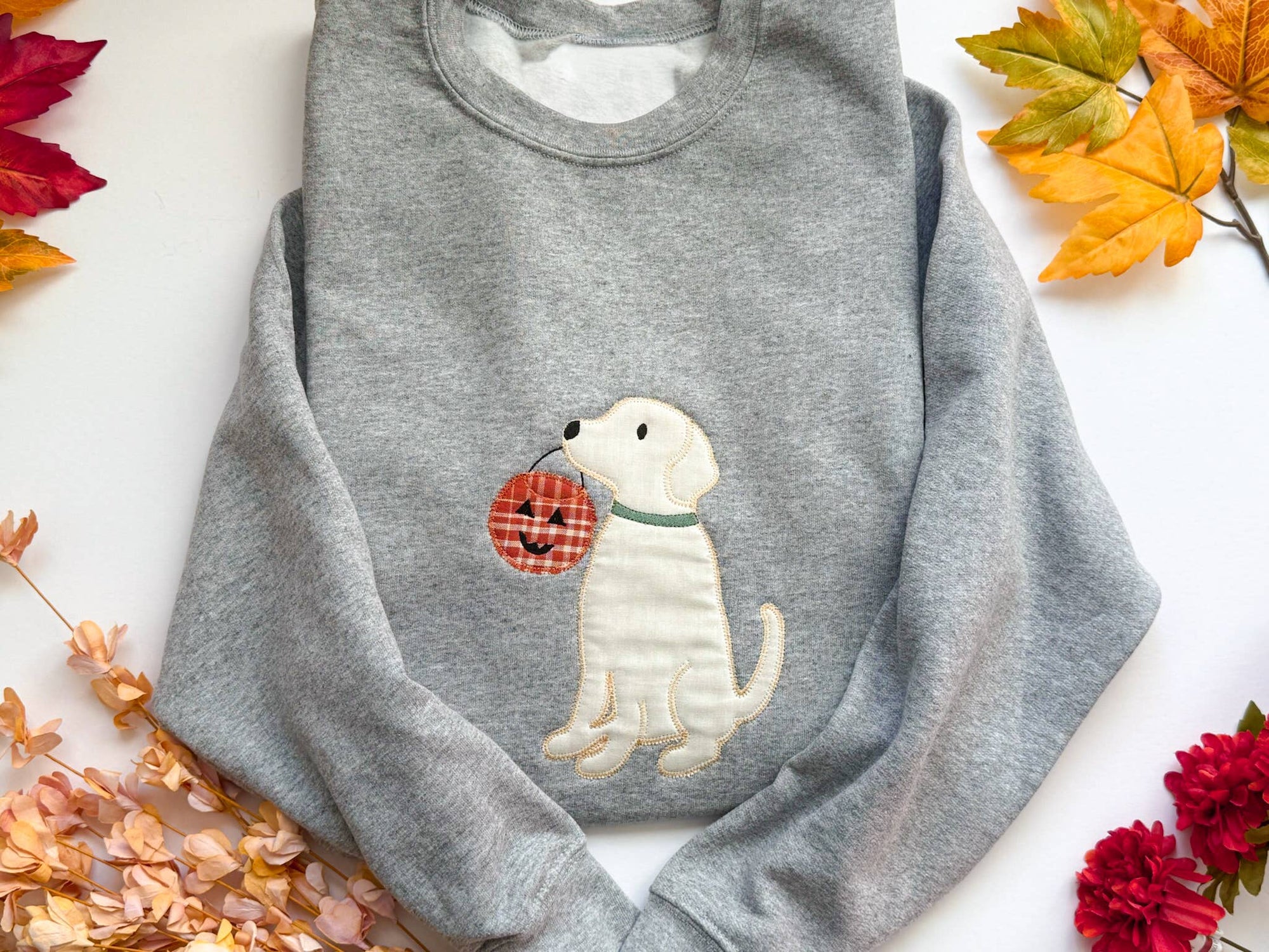 Embroidered Dog Pumpkin Halloween Sweatshirt | Fall Crewneck