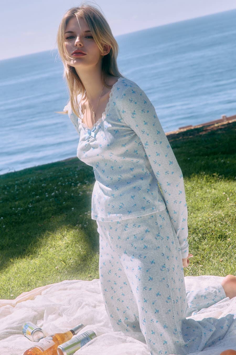 Blue Floral Long-sleeve Top (Plus)