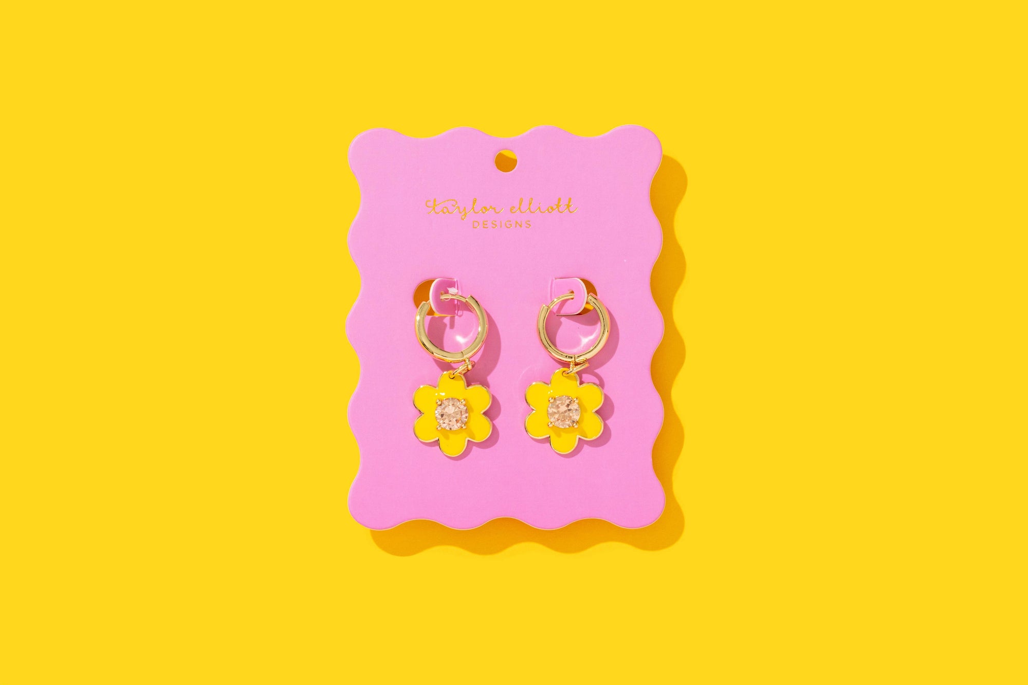 Huggie Earrings - Yellow Flower w/ Clear Gem Dangles - Lucy