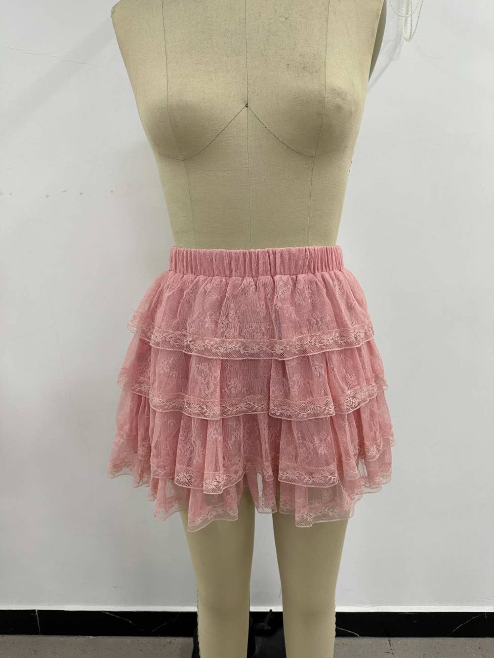 Pink Lace Ruffle Mini Skirt (Plus)