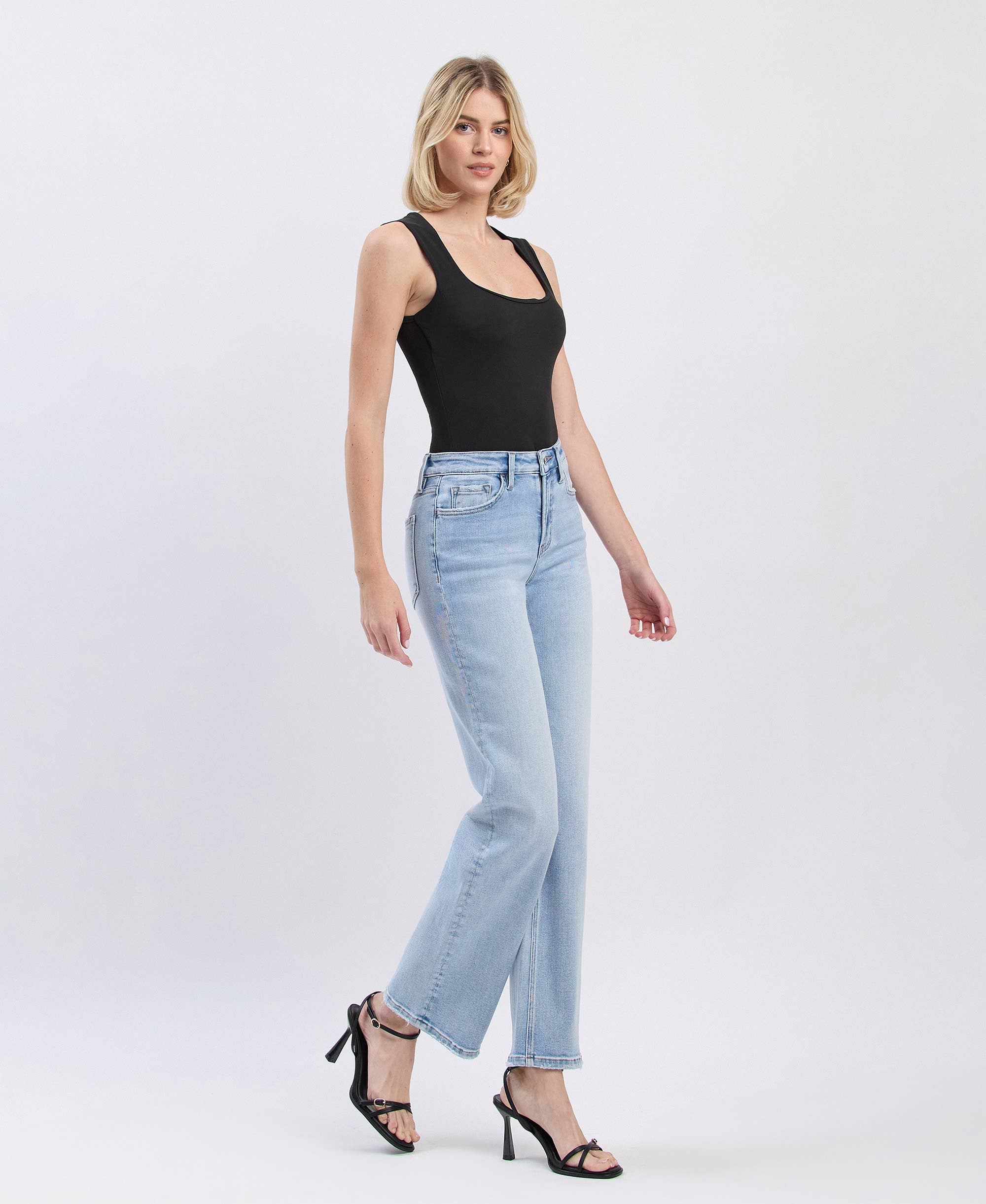 High Rise Light Wash Slim Wide Leg Jeans