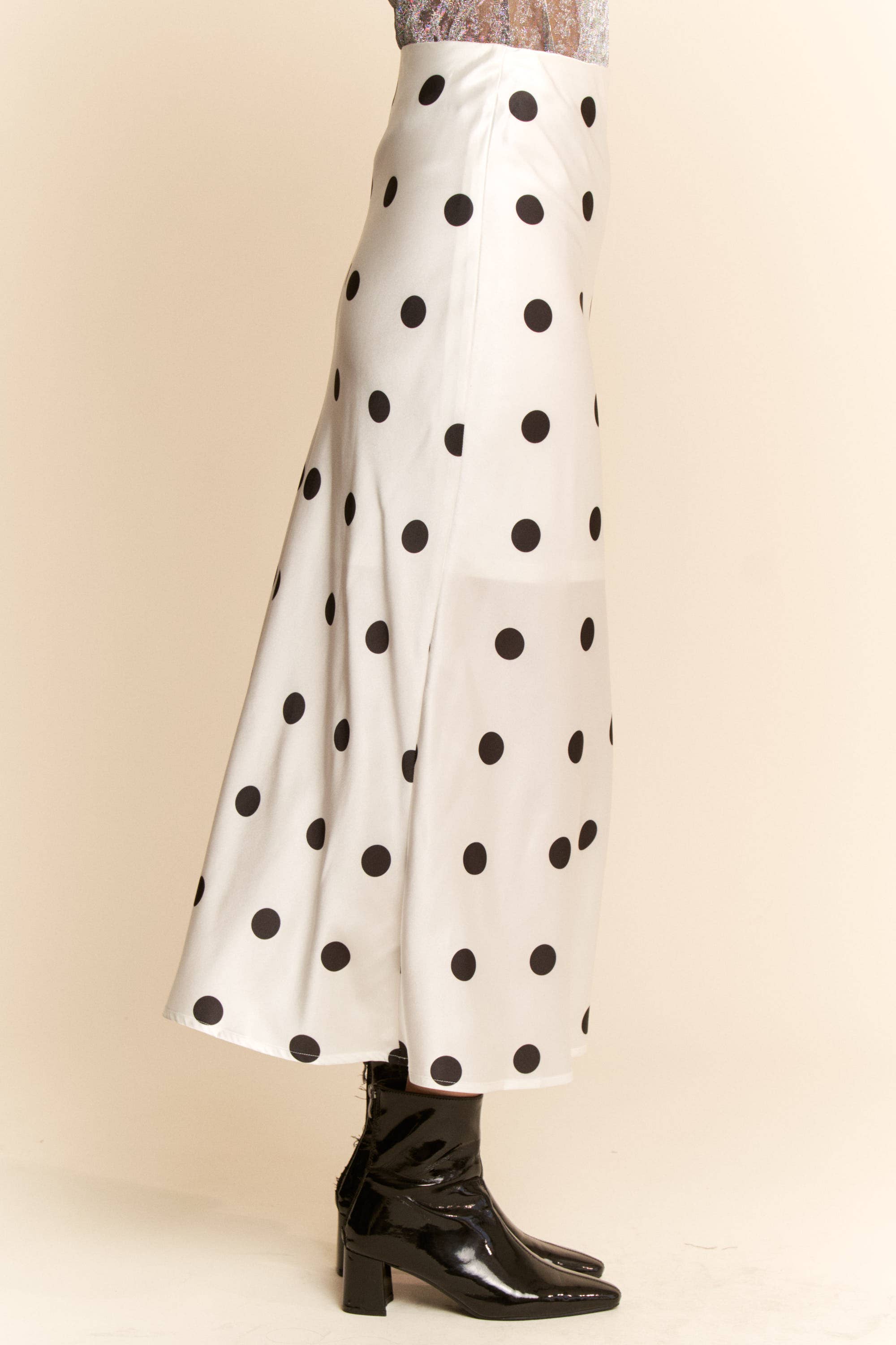 White & Black Polka Satin Dot Midi Skirt