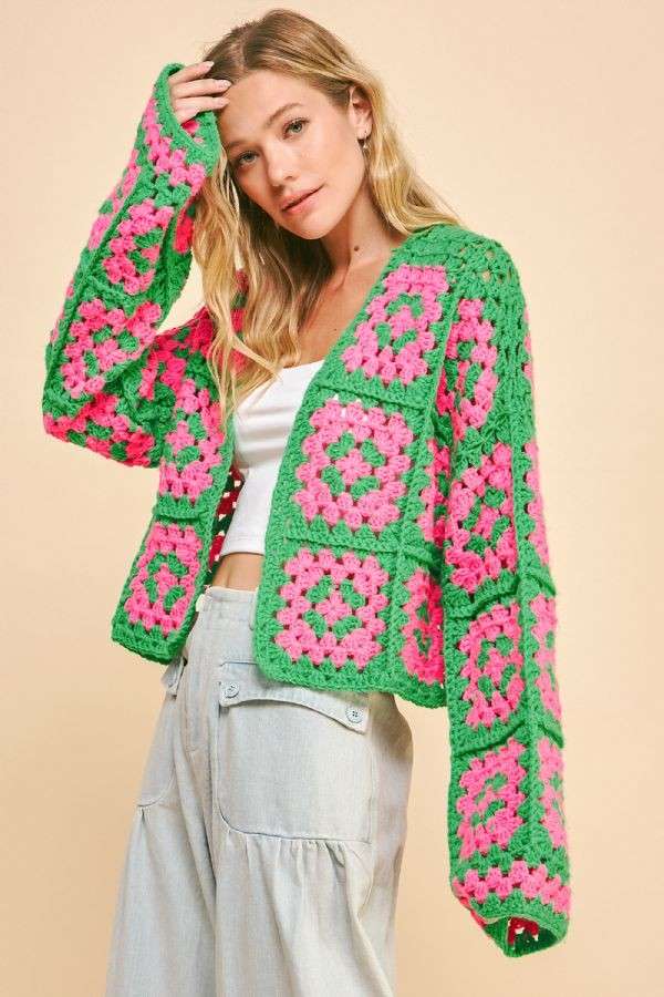 Two Tone Floral Square Crochet Open Knit Cardigan