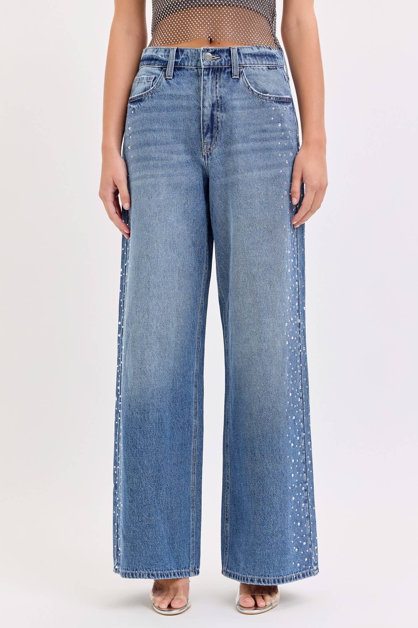 High Rise Wide Leg with Rhinestone Sides