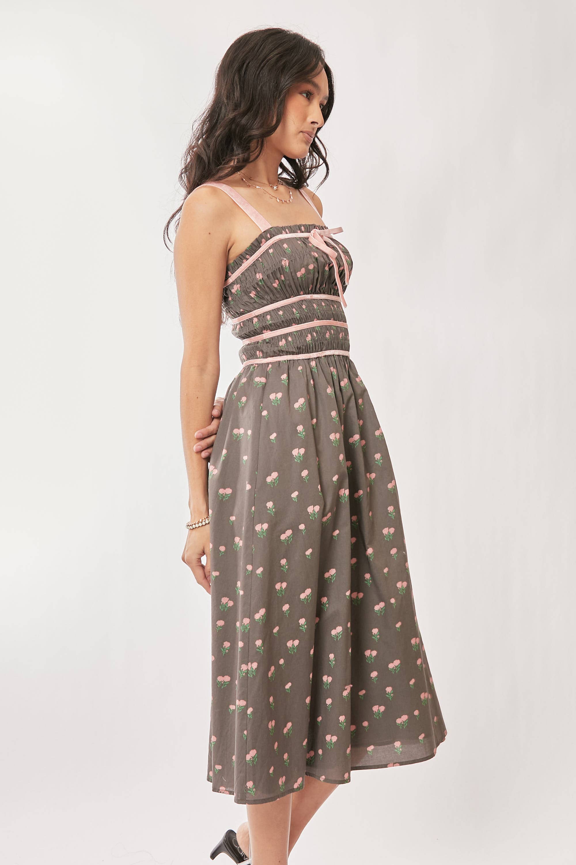 Contrast Velvet Smocking Bodice Midi Dress