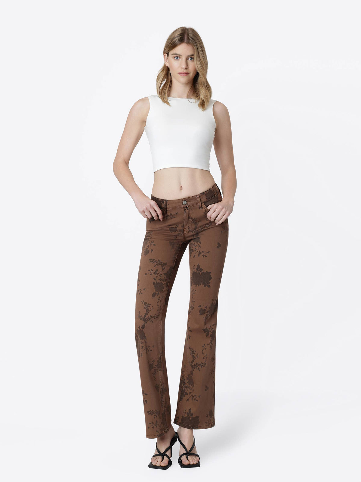 Low Rise Stretch Brown Floral Print Bootcut Jeans