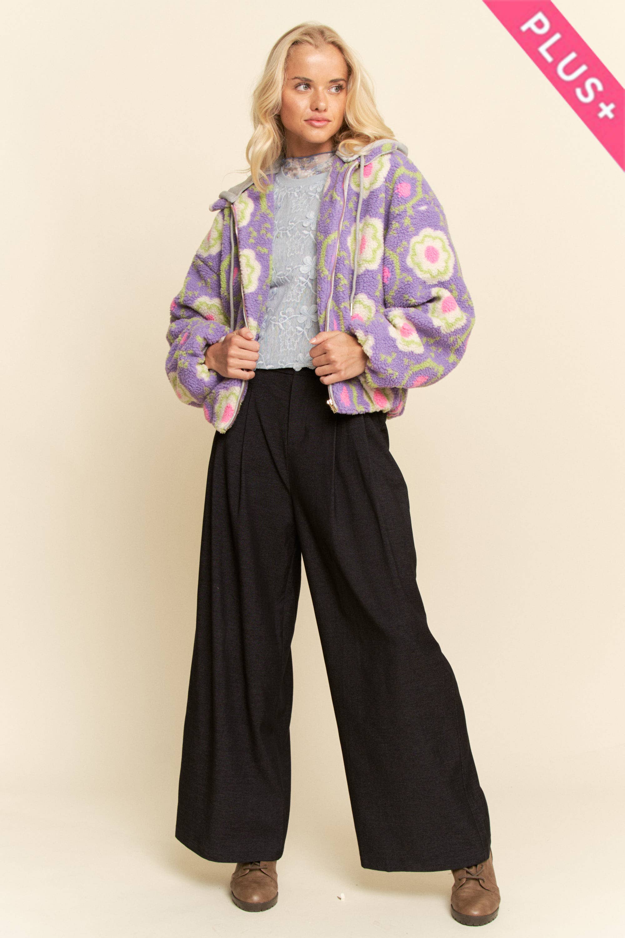 Purple Floral Sherpa Zip Jacket (Plus)