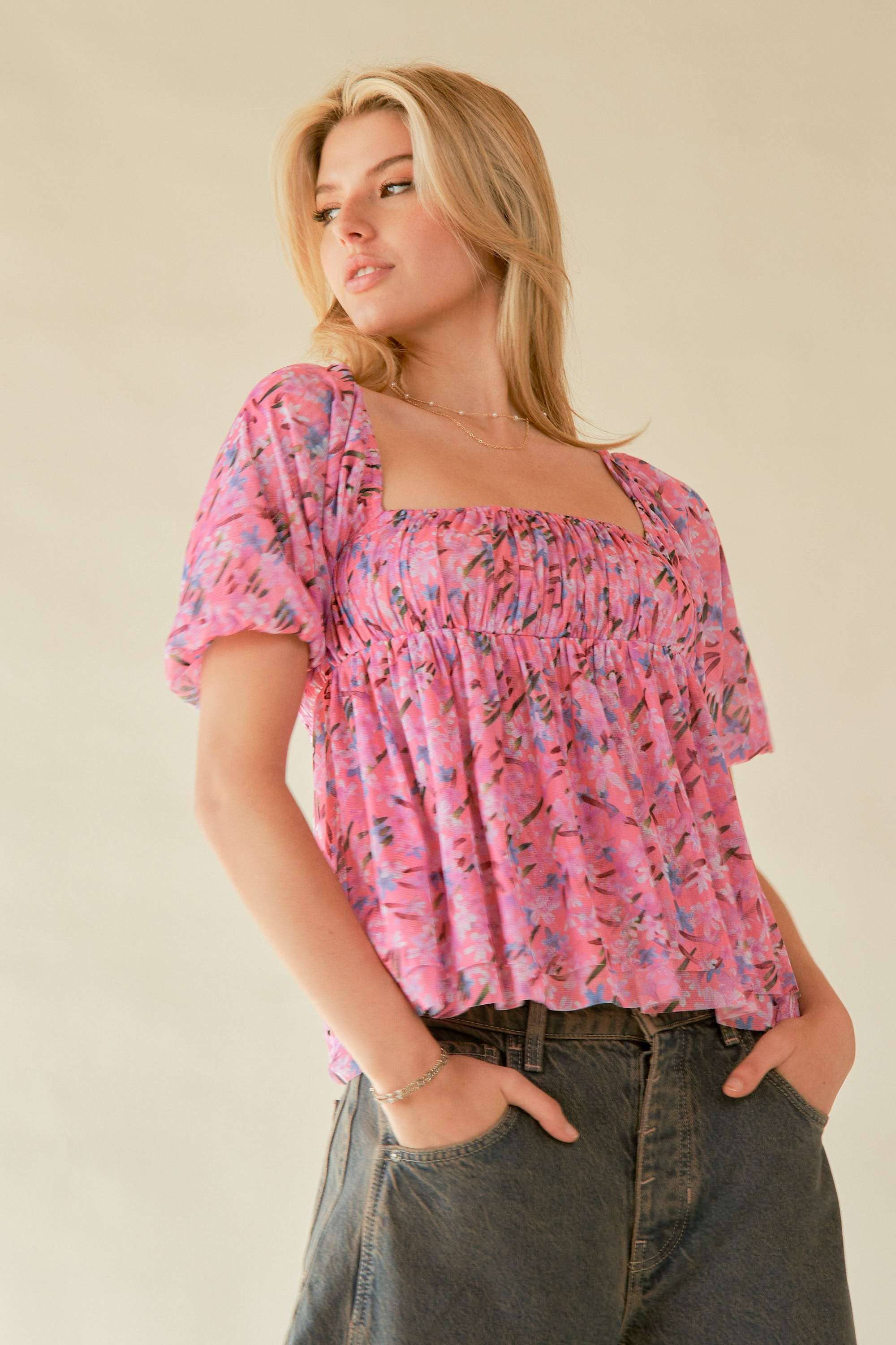 Floral Printed Puff Double Layered Mesh Blouse (Plus)
