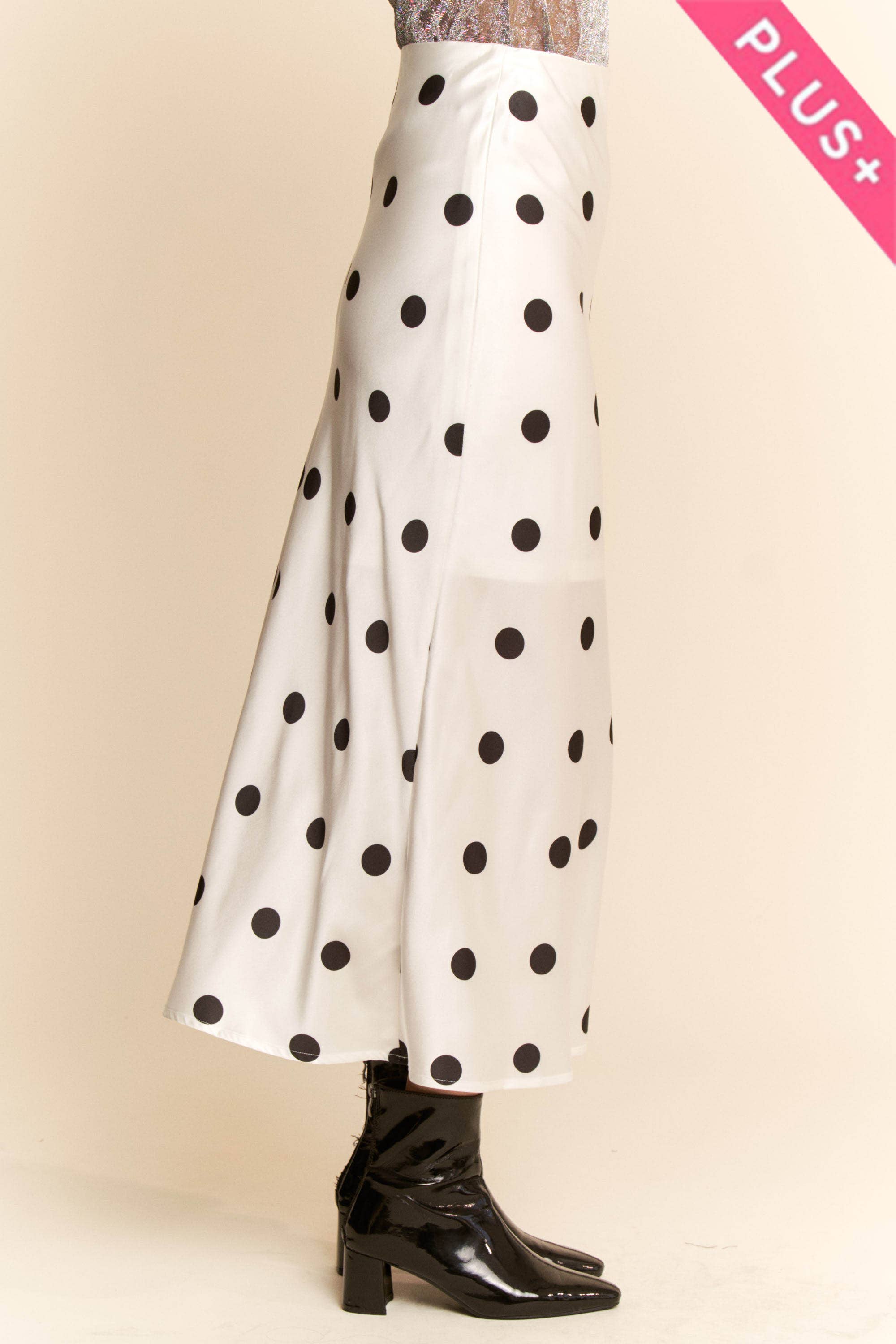White & Black Polka Satin Dot Midi Skirt (Plus)