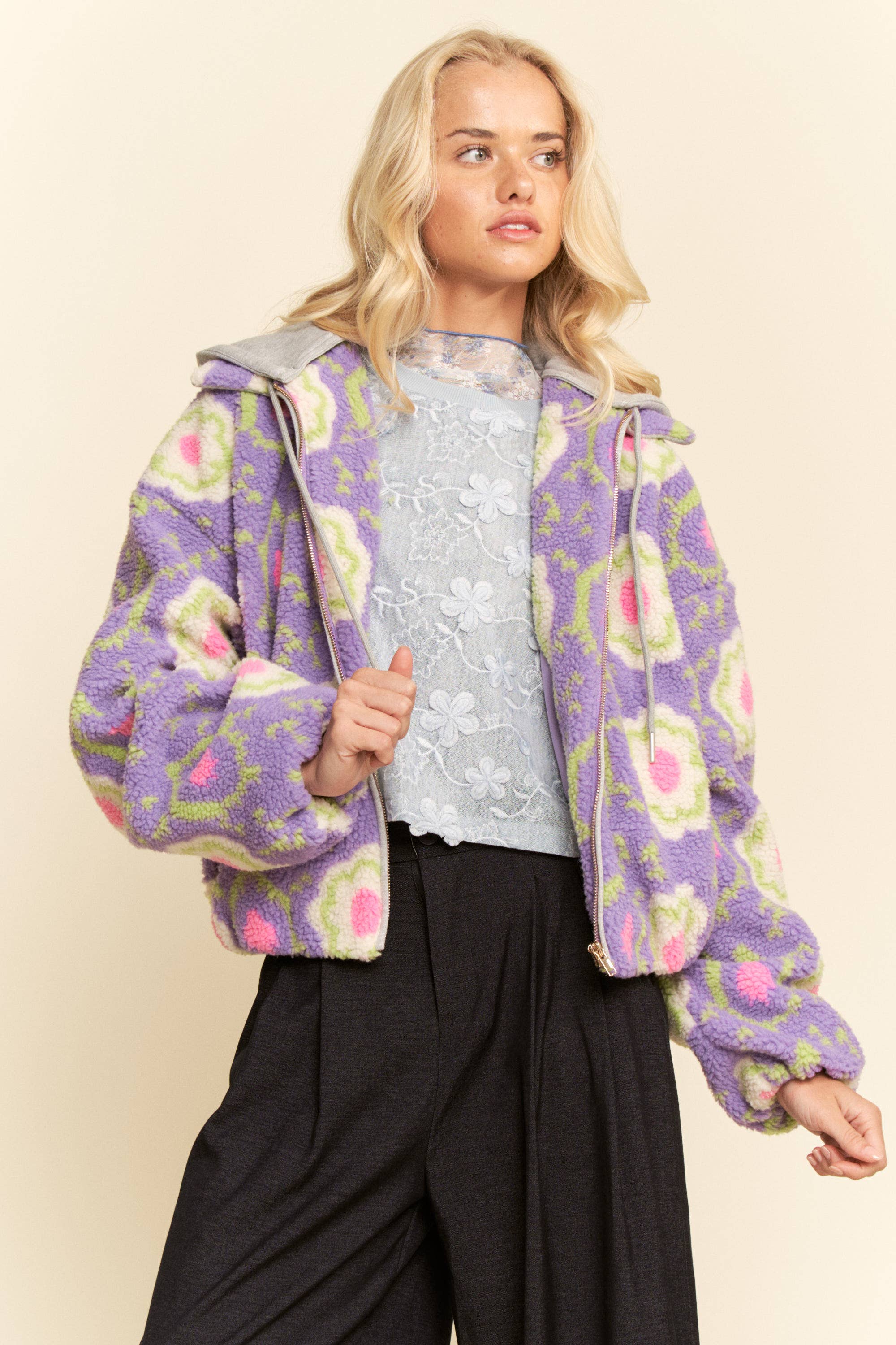 Purple Floral Sherpa Zip Jacket