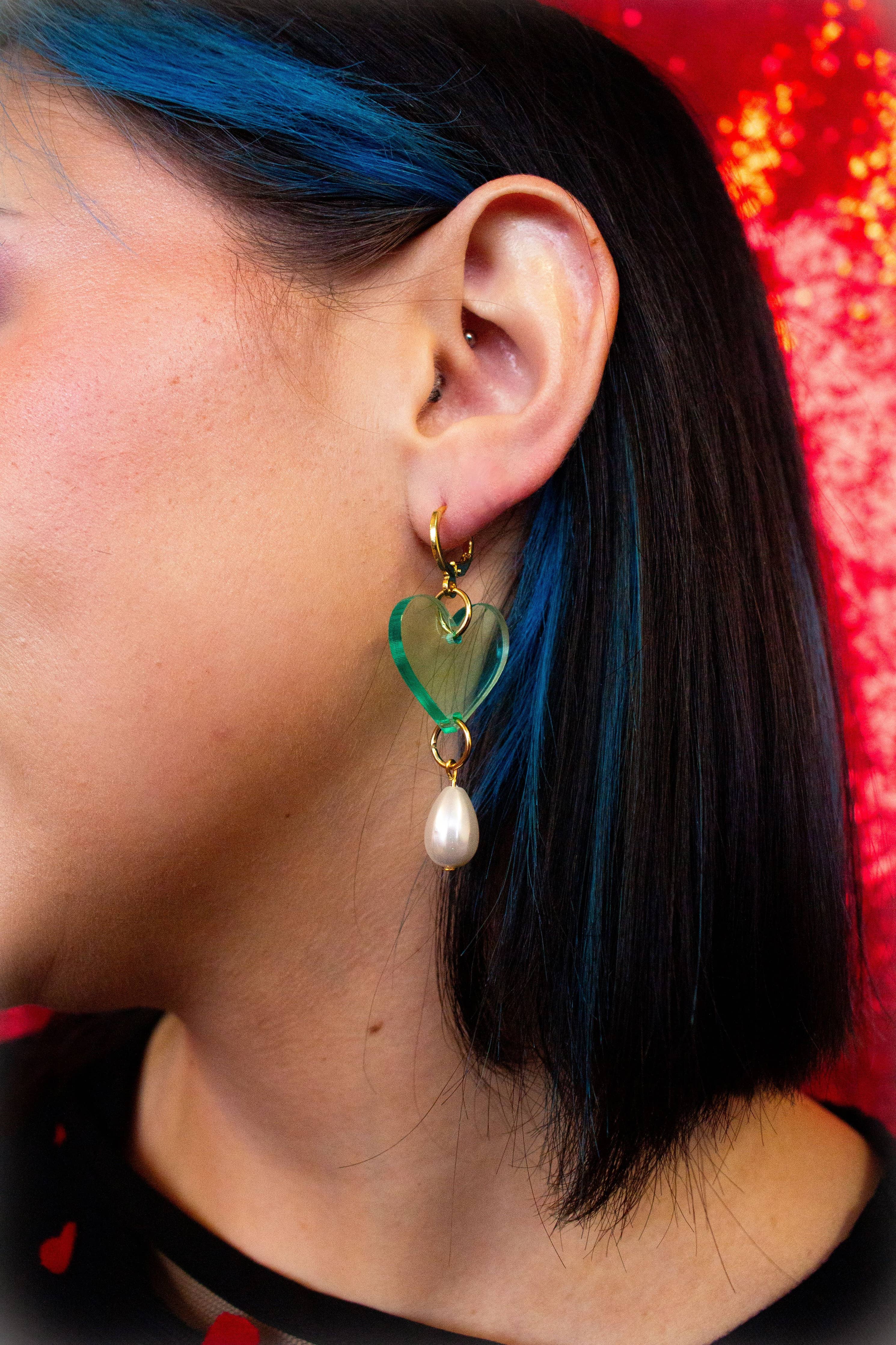 Acrylic Heart Pearl Drop Earrings
