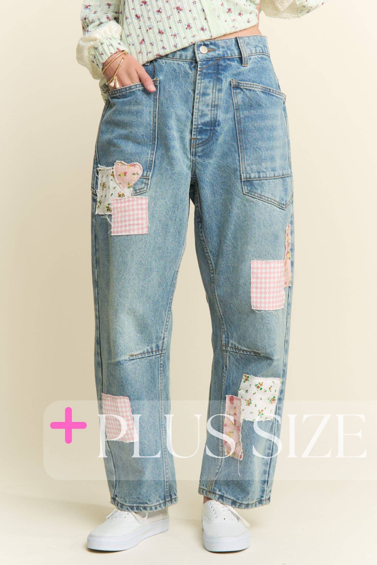 Light Wash Spring Patchwork Jeans (Plus)