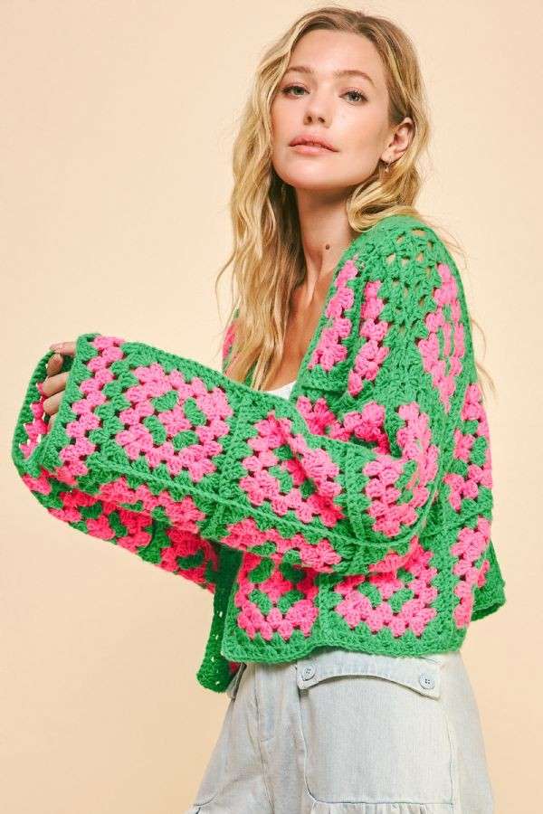 Two Tone Floral Square Crochet Open Knit Cardigan