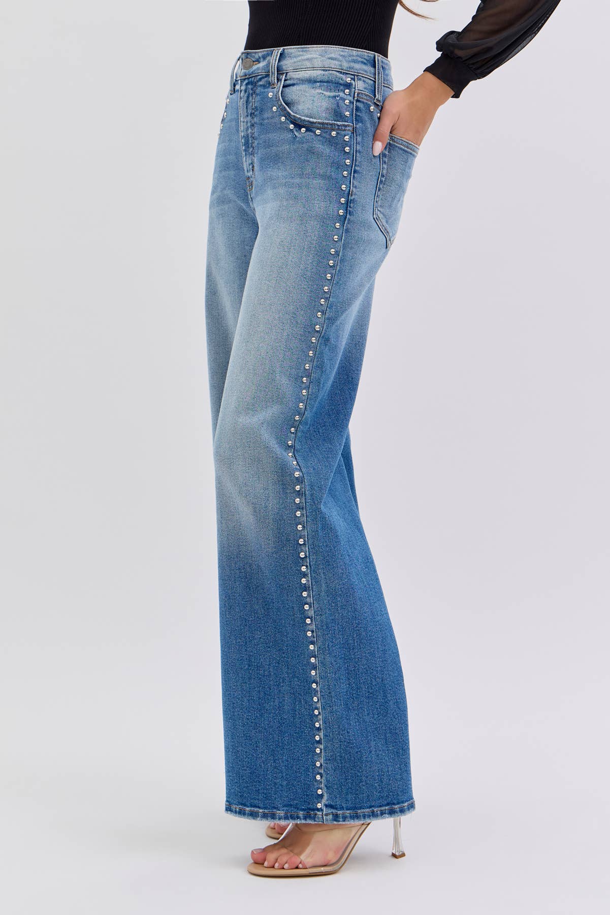 High Rise Studded Wide Leg Jeans