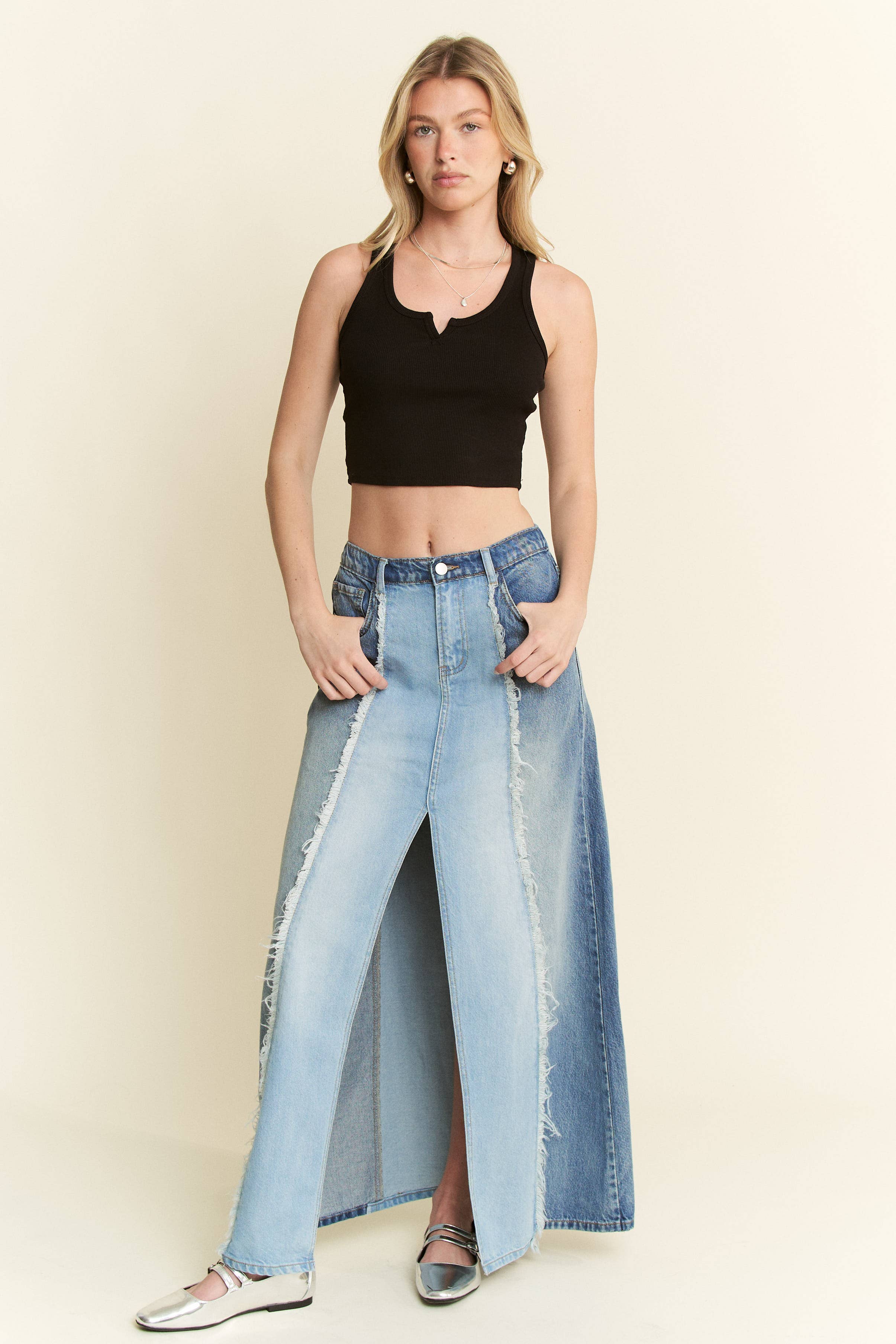 PLUS SIZE SPLIT DECISION DENIM FRONT SLIT SKIRT