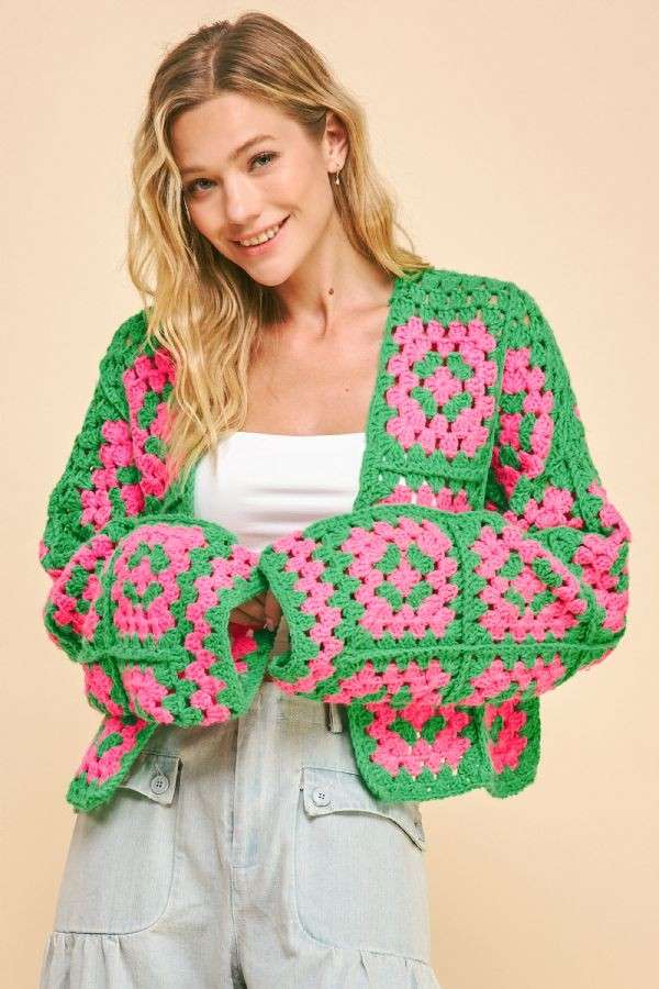 Two Tone Floral Square Crochet Open Knit Cardigan