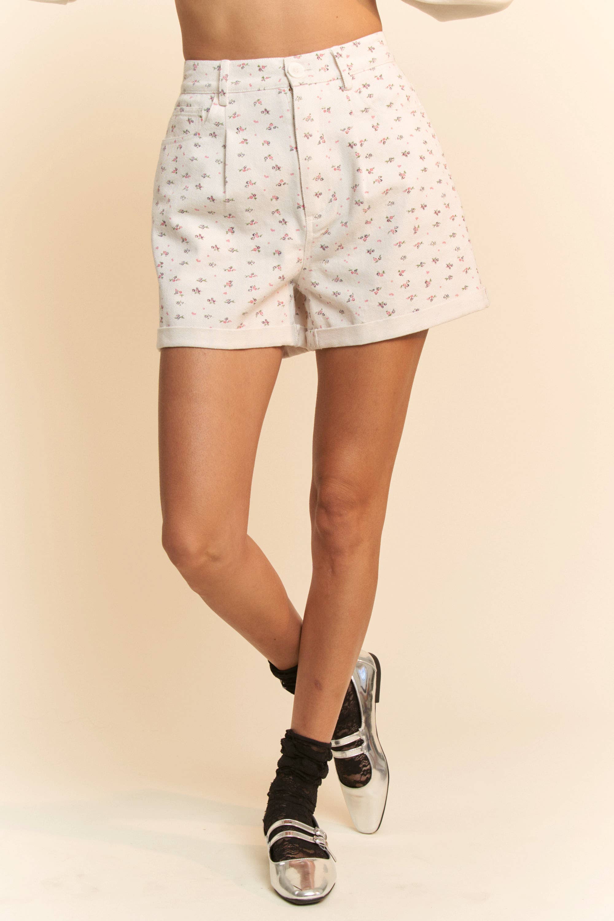 Ditsy Floral Cotton Twill Shorts With Pockets