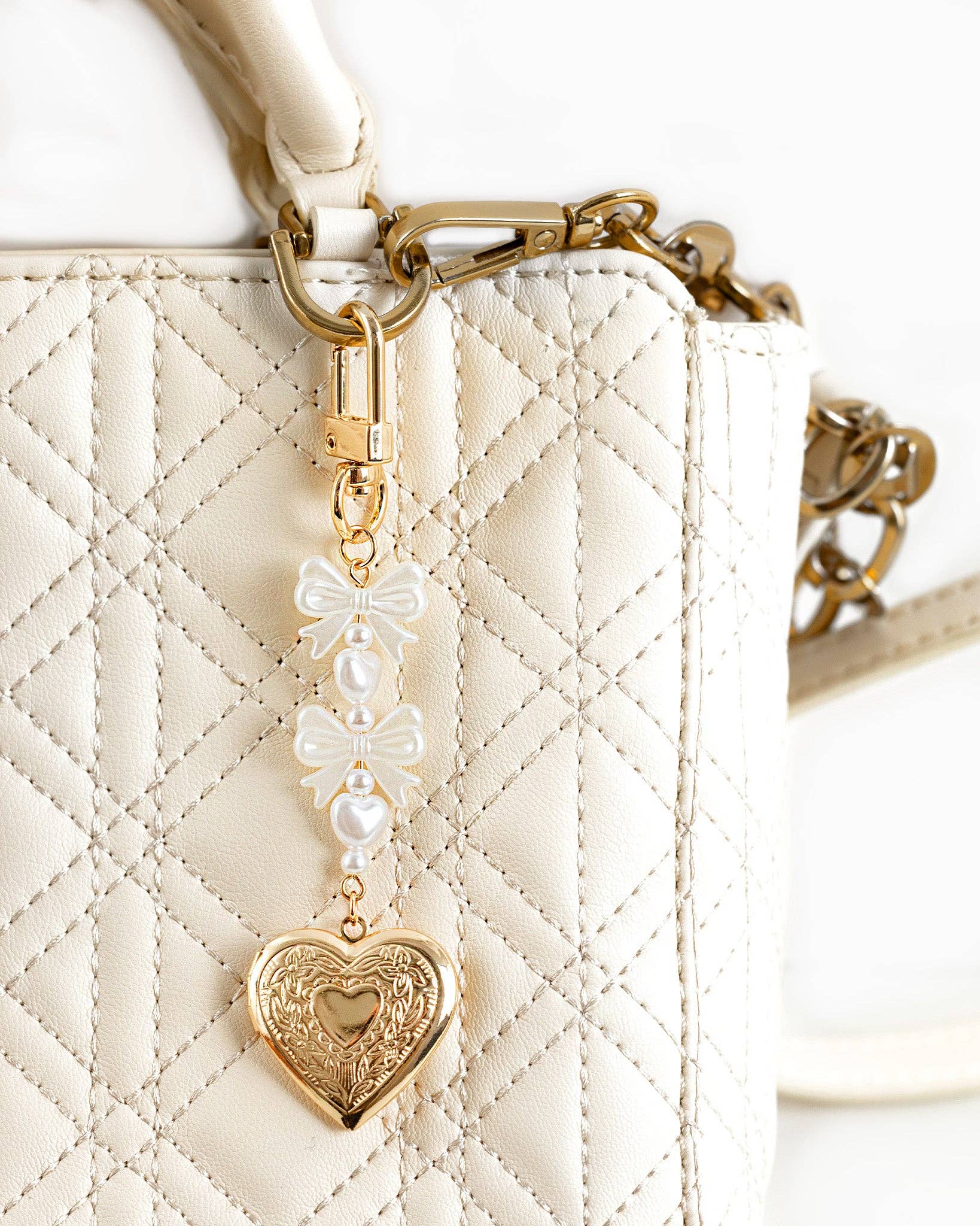 Bow Pearl Heart Locket Bag Charm