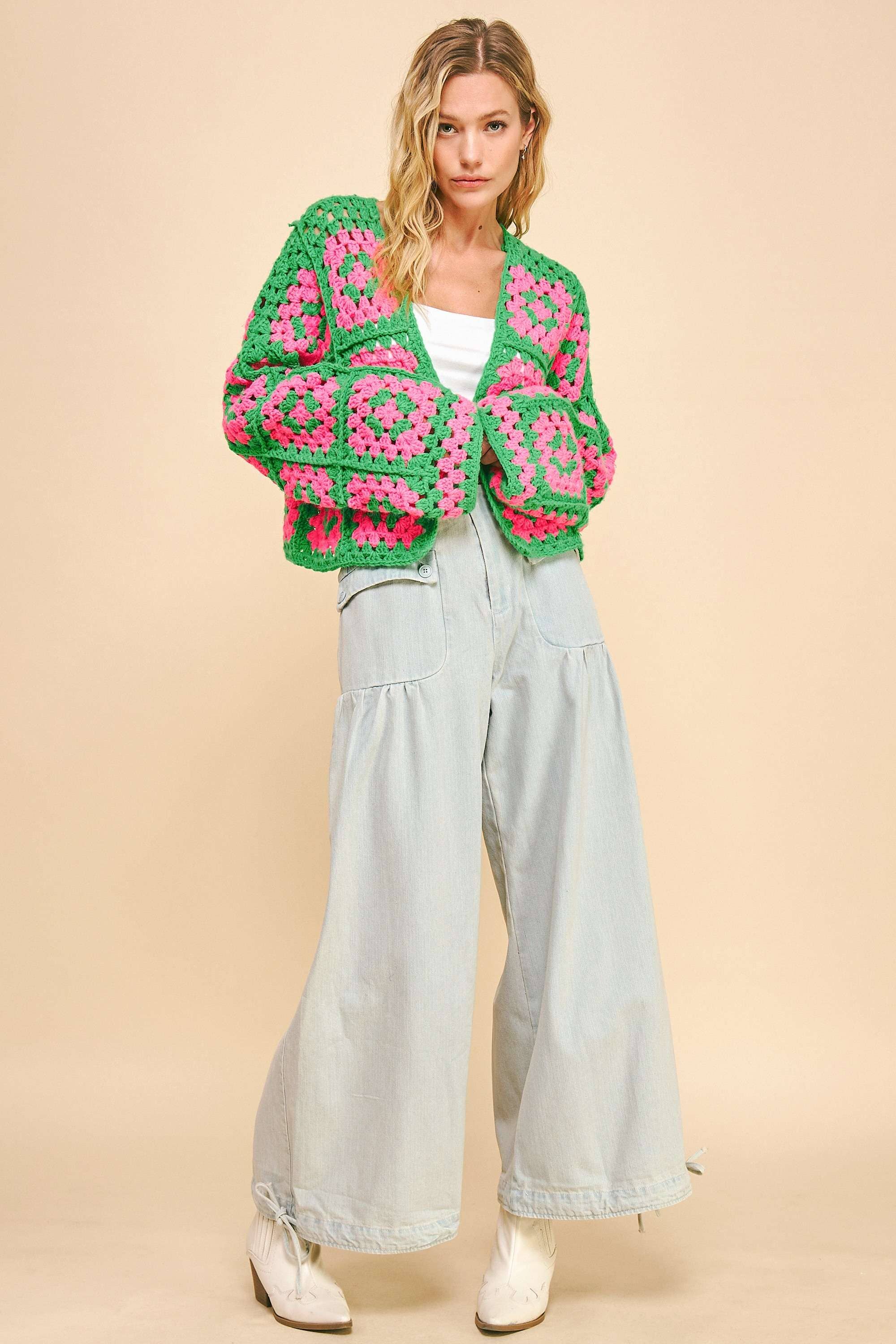 Two Tone Floral Square Crochet Open Knit Cardigan (Plus)