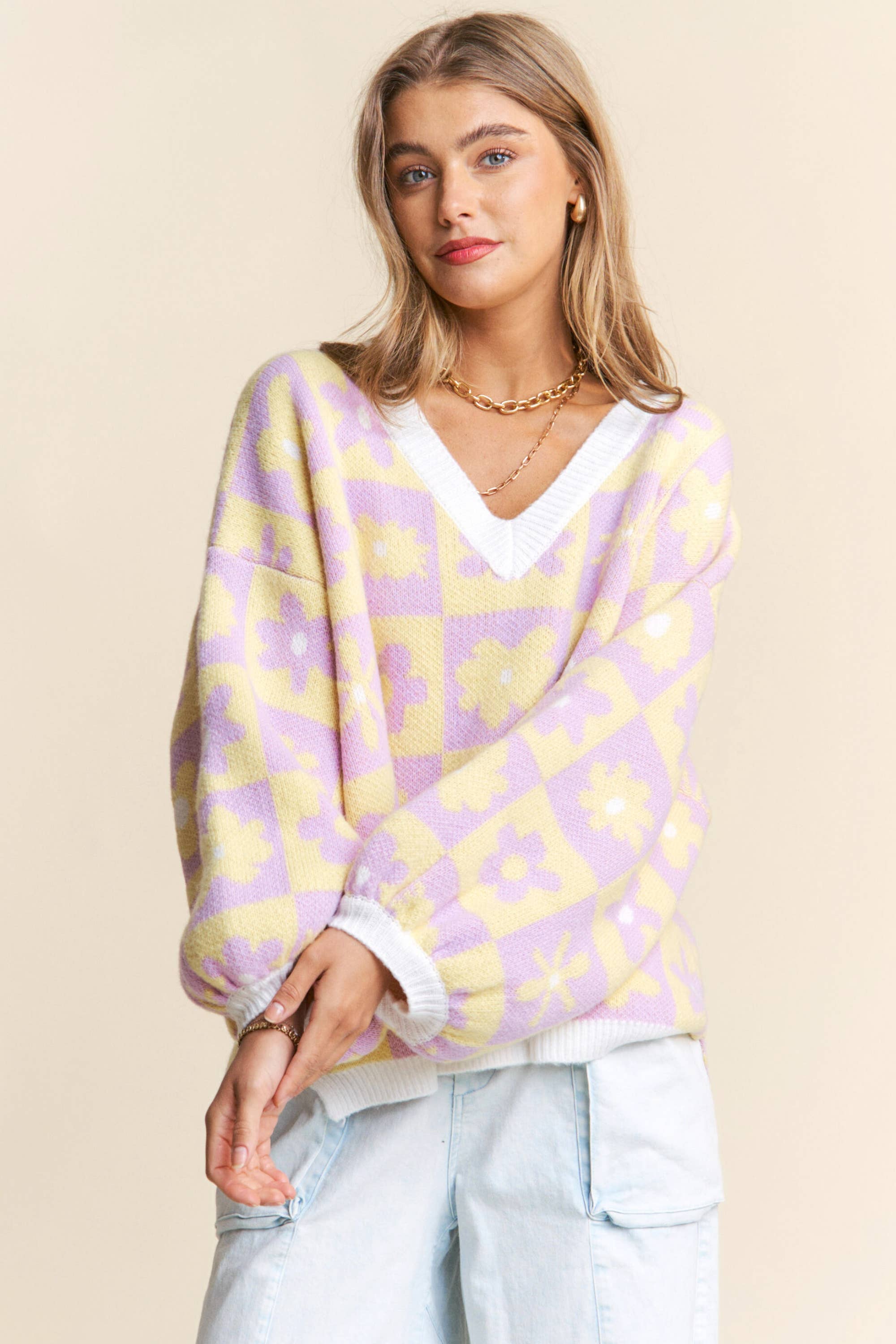 Floral Checkered Knit V Neck Sweater S-L / 1X-3X