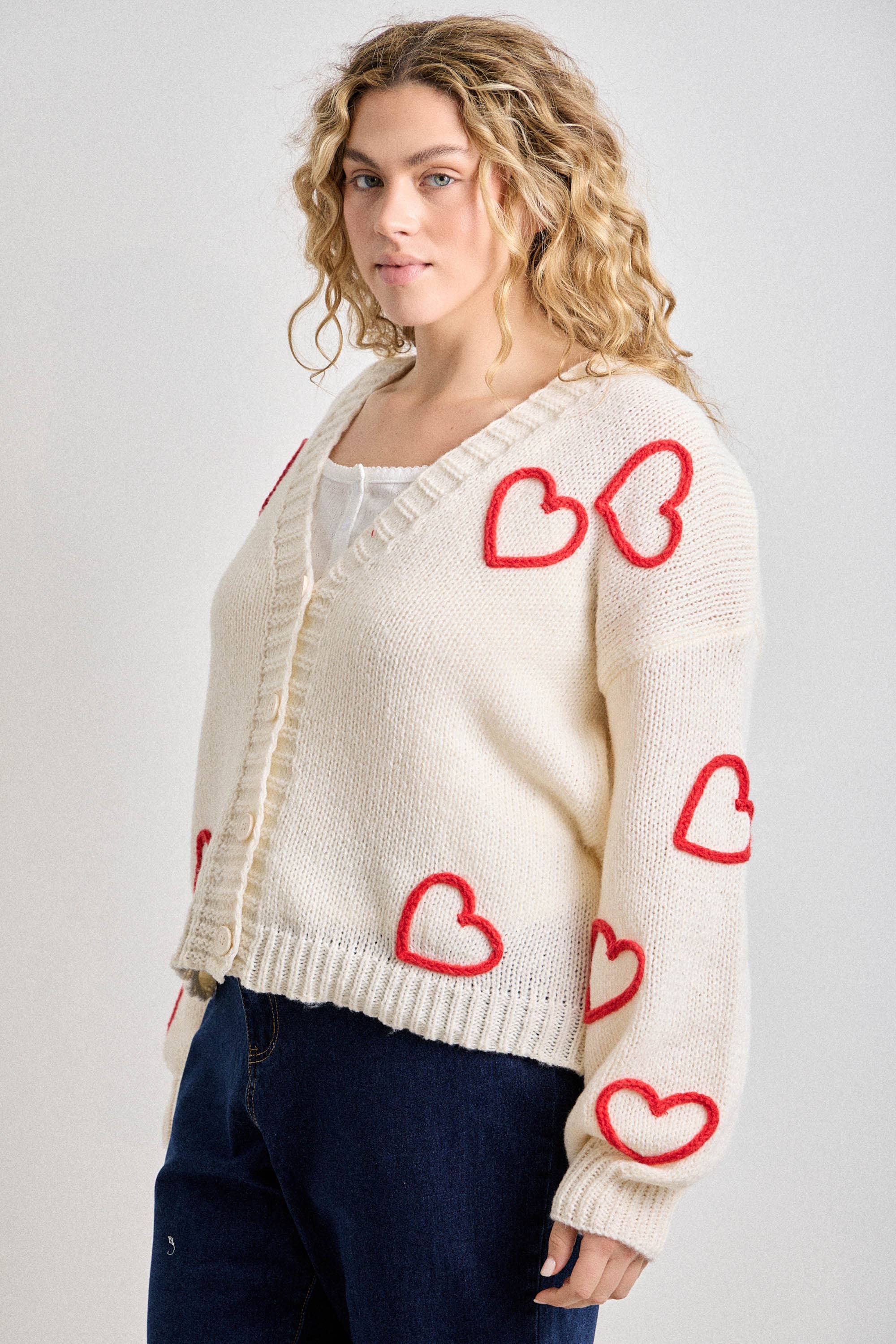 Cream Cardigan with Heart Embroidery (Plus)