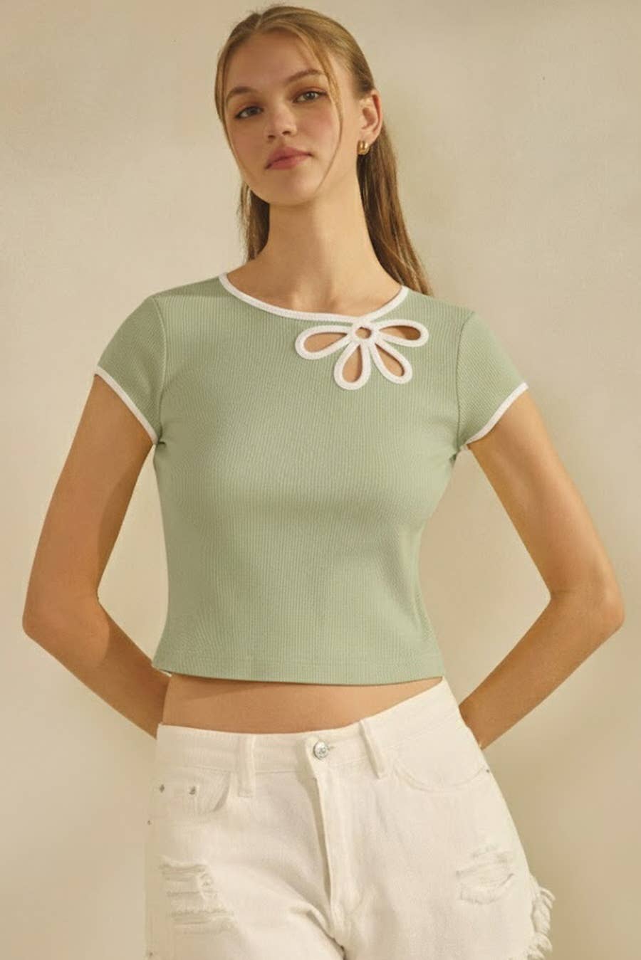 Cropped Short Sleeve Flower Cut-Out Top