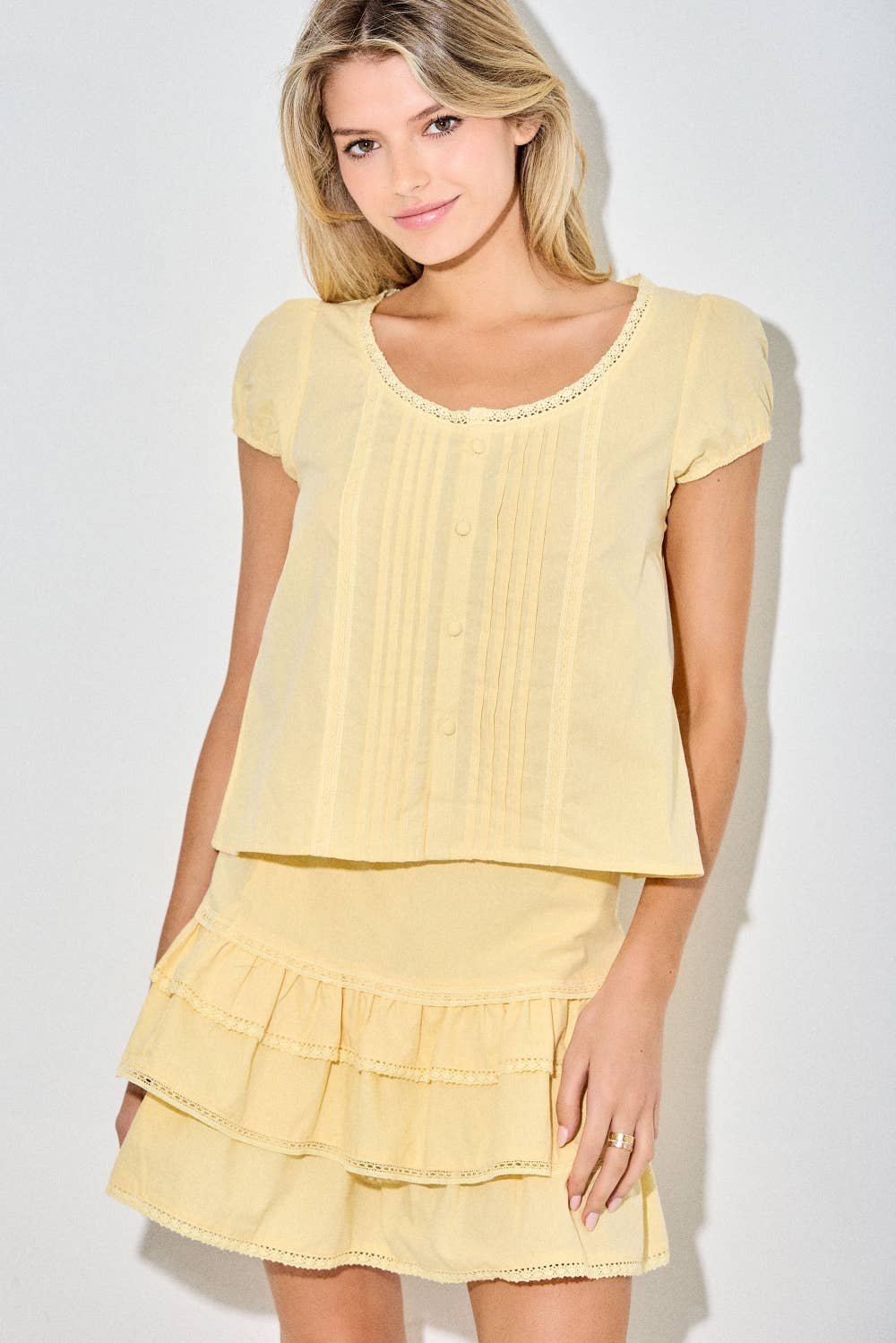 Pintuck Pleated Button-Front Shell Top