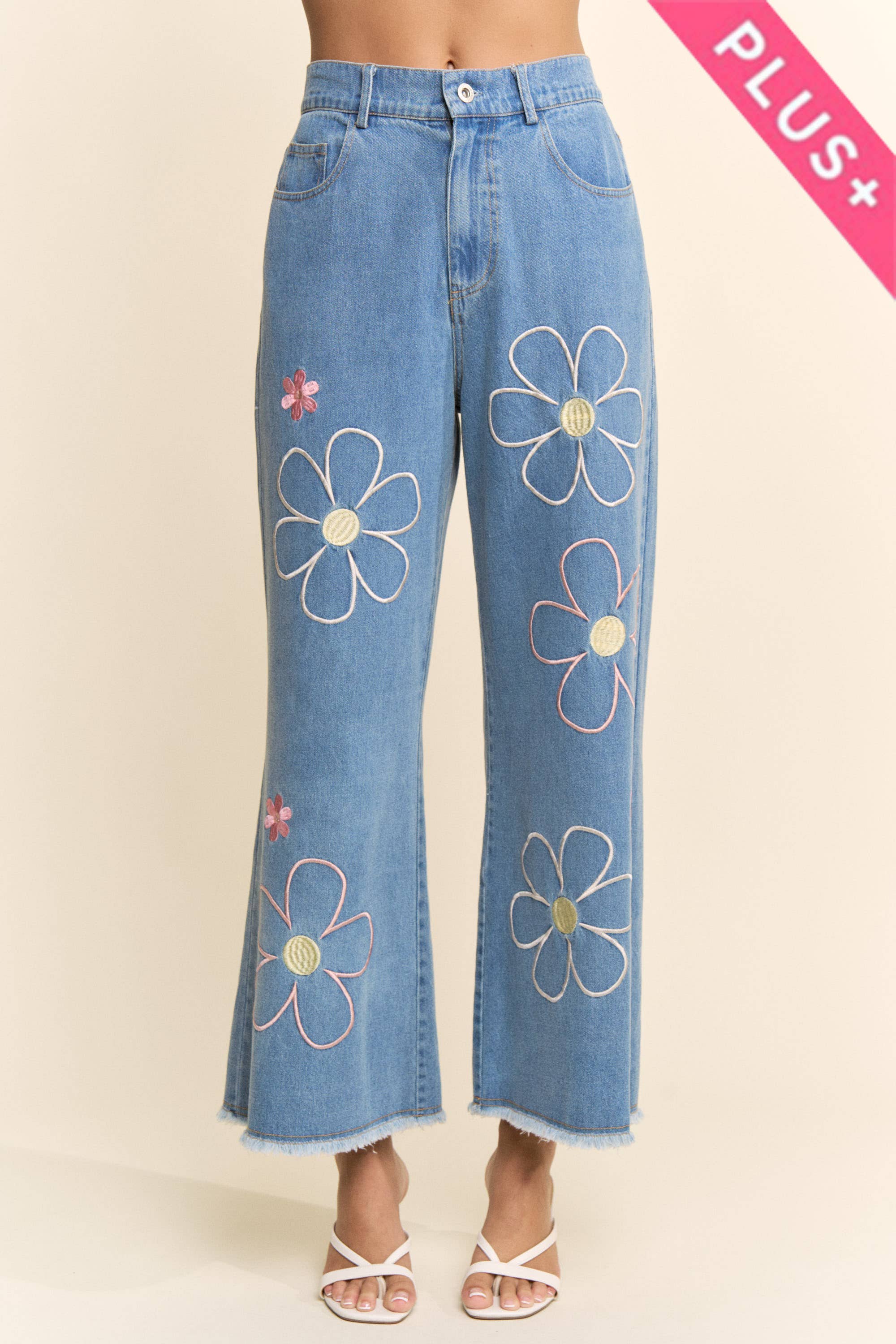 Flower Embroidered Jeans (Plus)