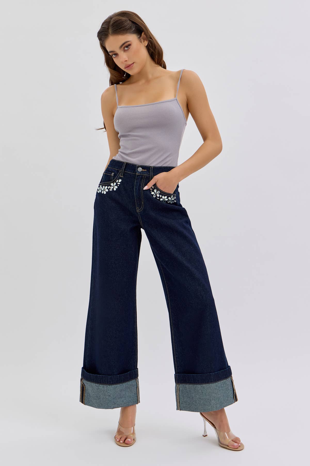 Dark Wash High Rise Wide Leg with Rhinestone Pocket Detail