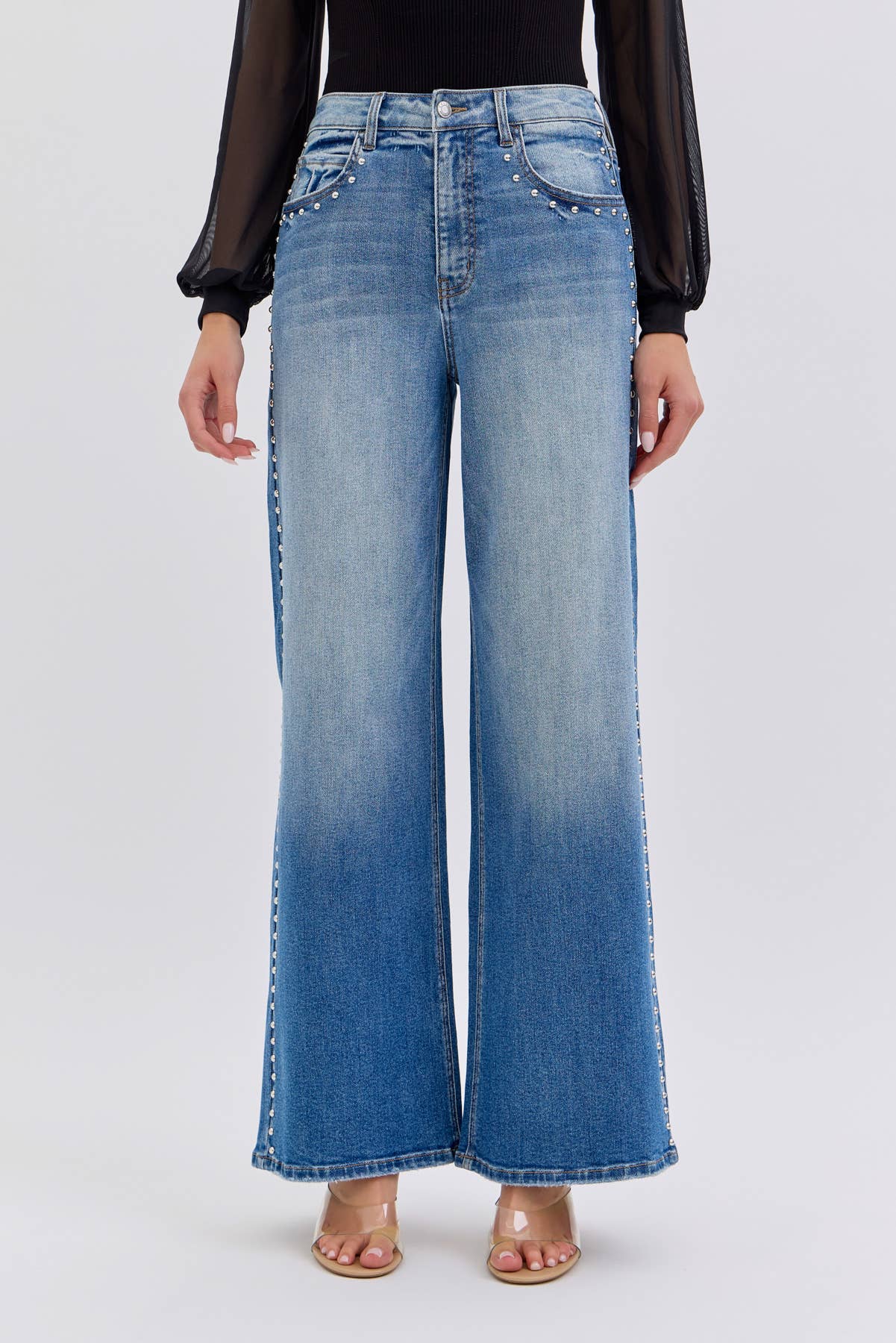 High Rise Studded Wide Leg Jeans