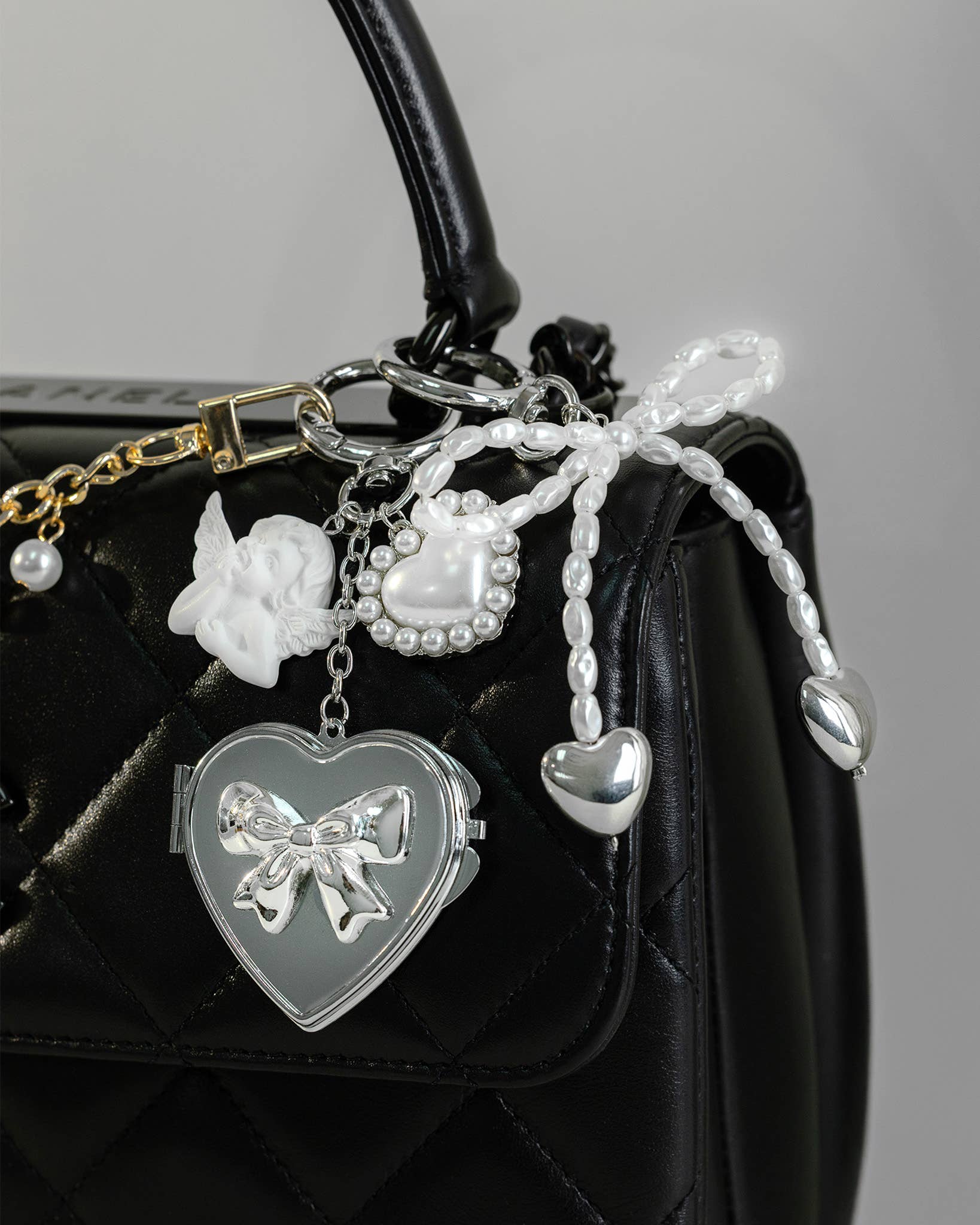 Angel Kiss Mirror Locket with Pearl Heart Bag Charm