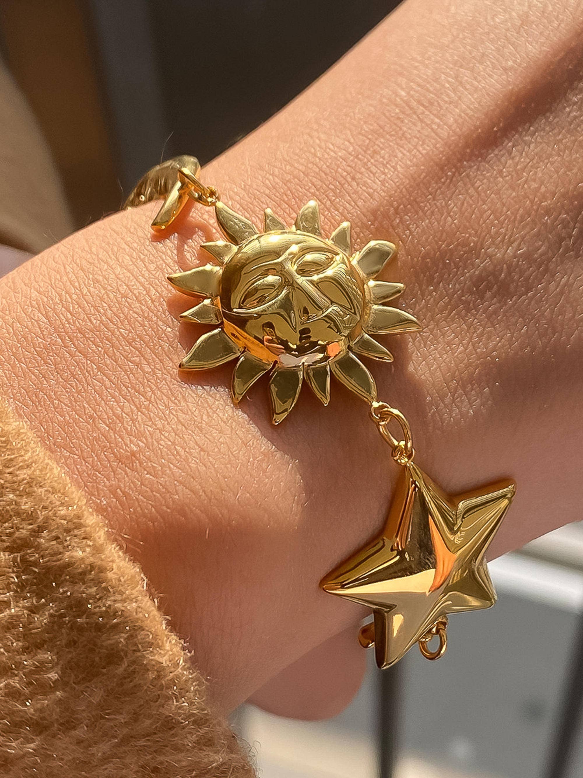 Goldie 18K Gold Non-Tarnish Bold Star and Moon Bracelet