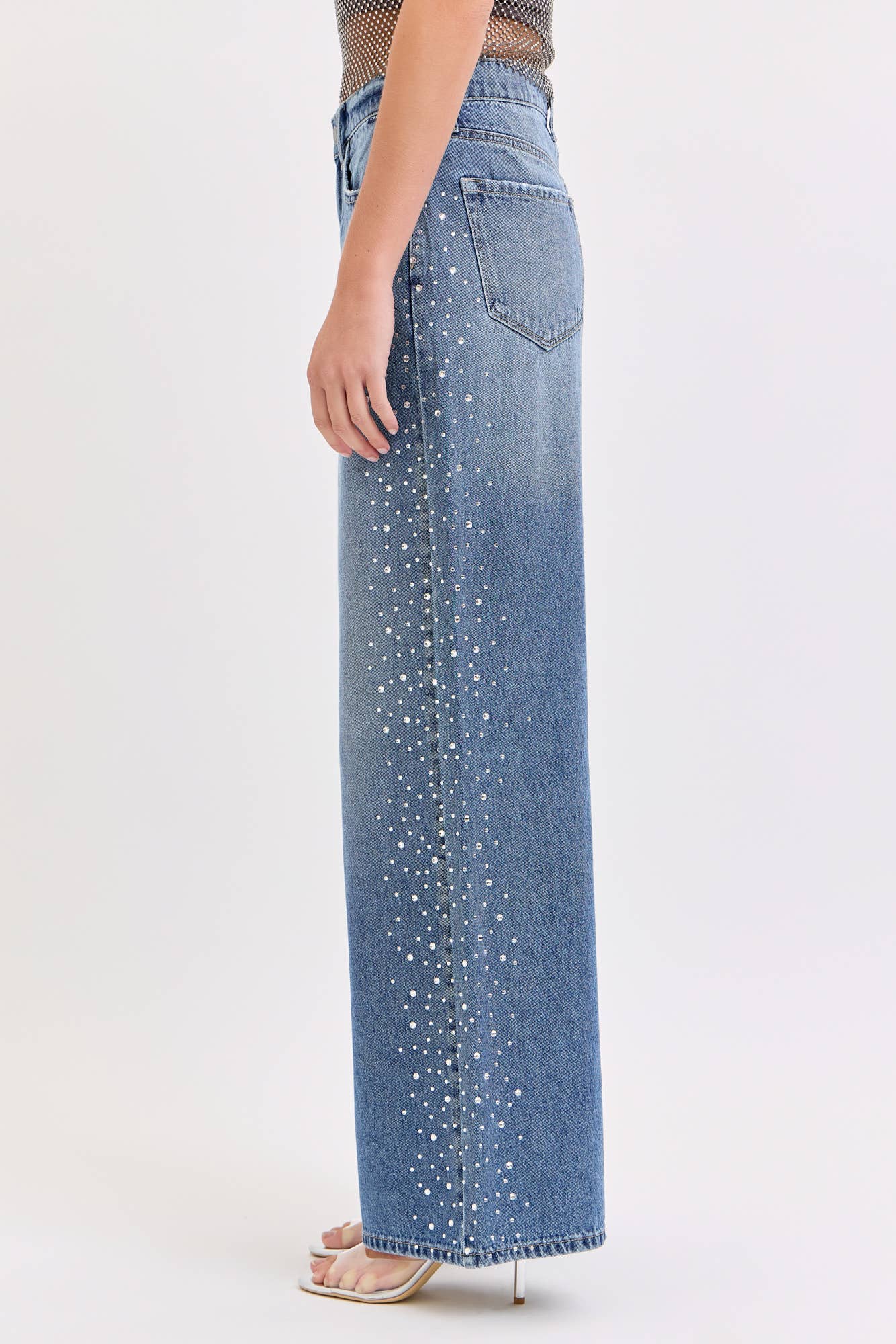 High Rise Wide Leg with Rhinestone Sides
