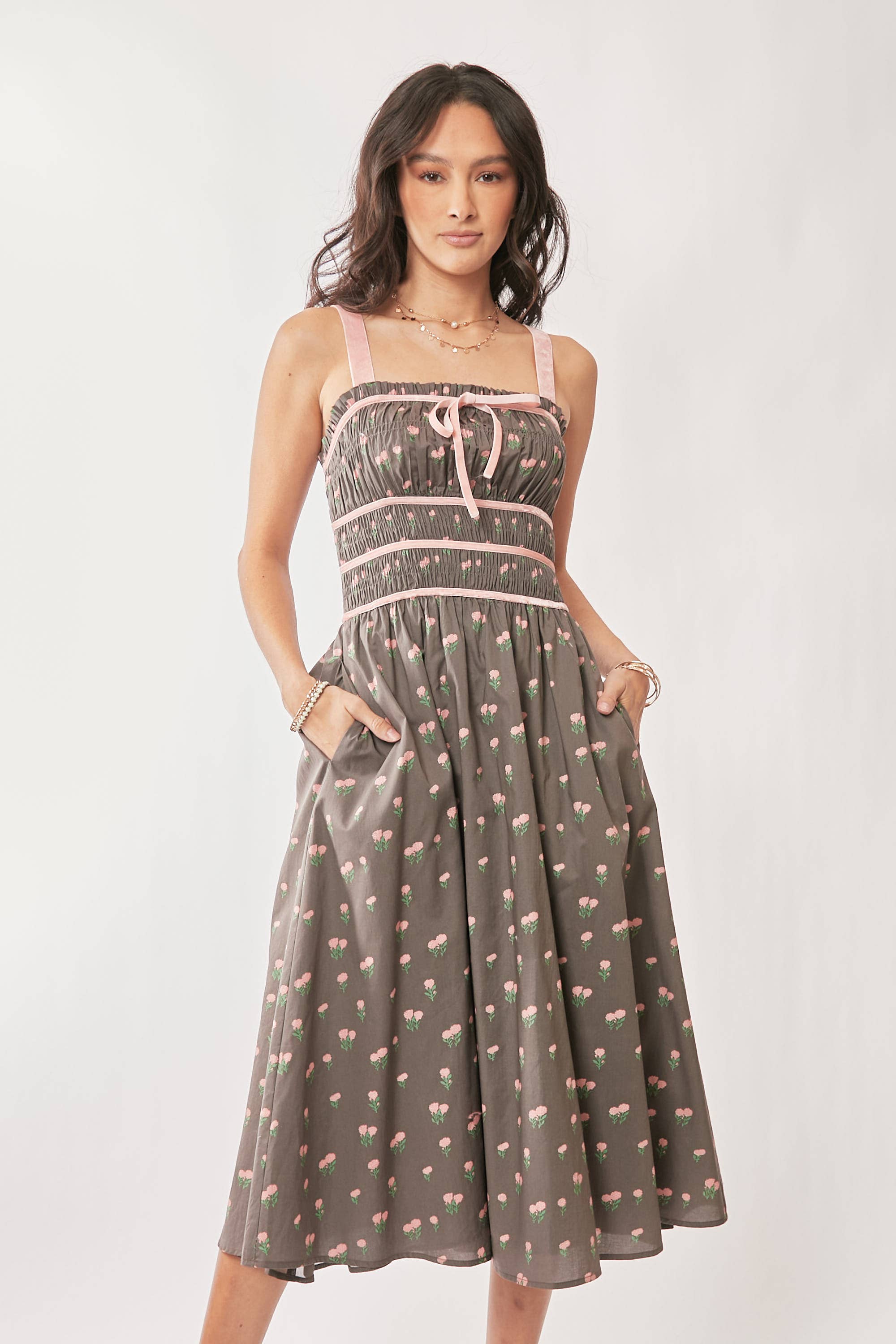 Contrast Velvet Smocking Bodice Midi Dress