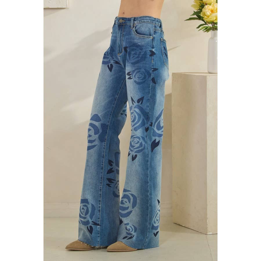 Washed Rose Print Detail Medium Wash Jeans