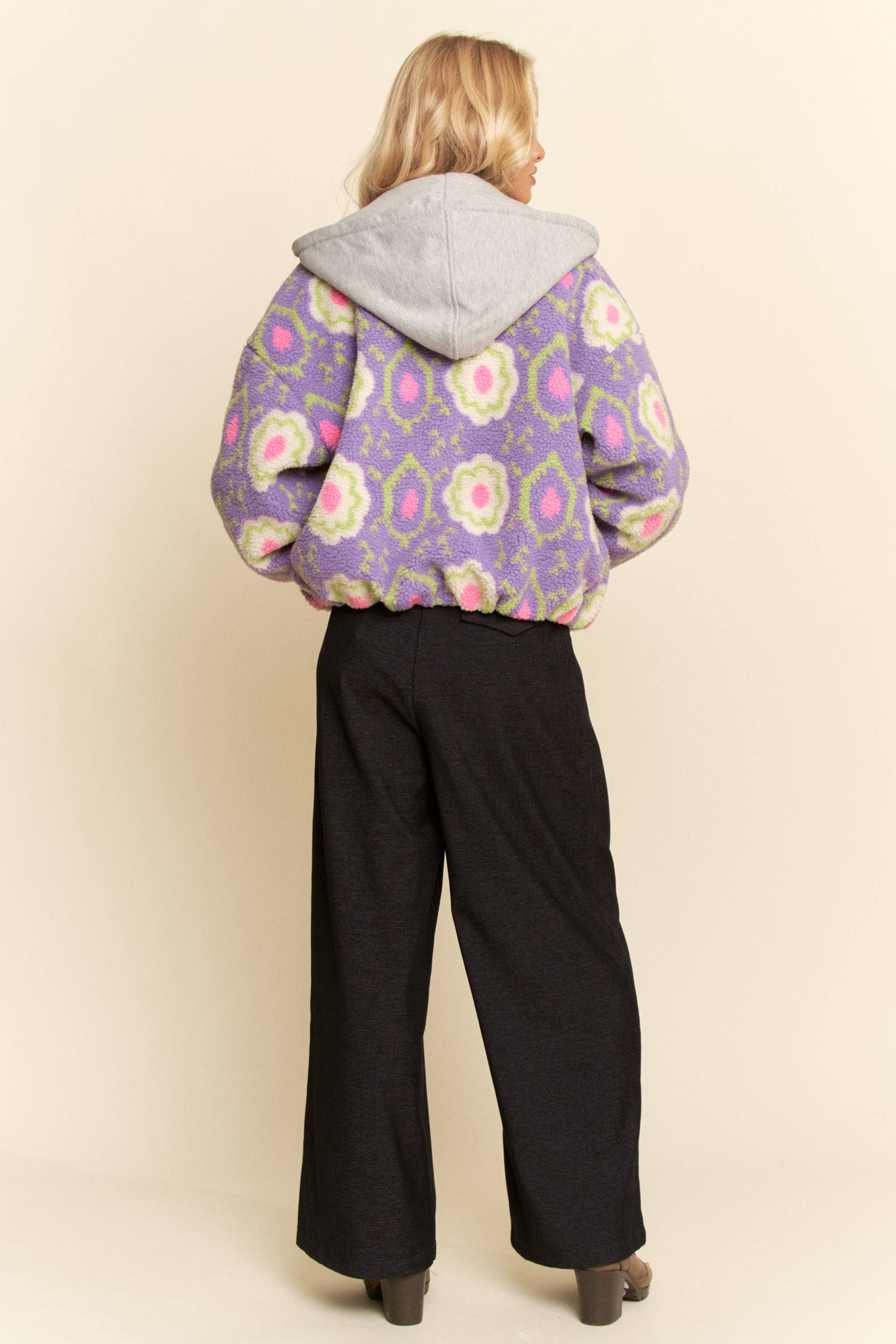 Purple Floral Sherpa Zip Jacket (Plus)