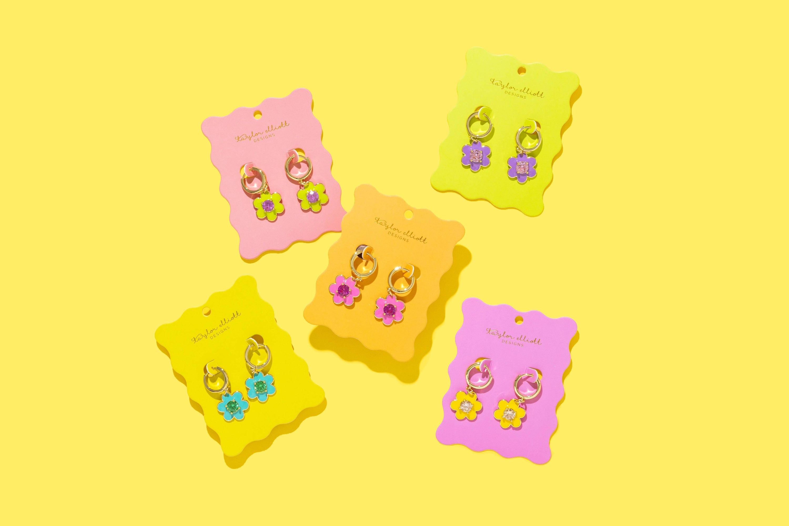 Huggie Earrings - Yellow Flower w/ Clear Gem Dangles - Lucy