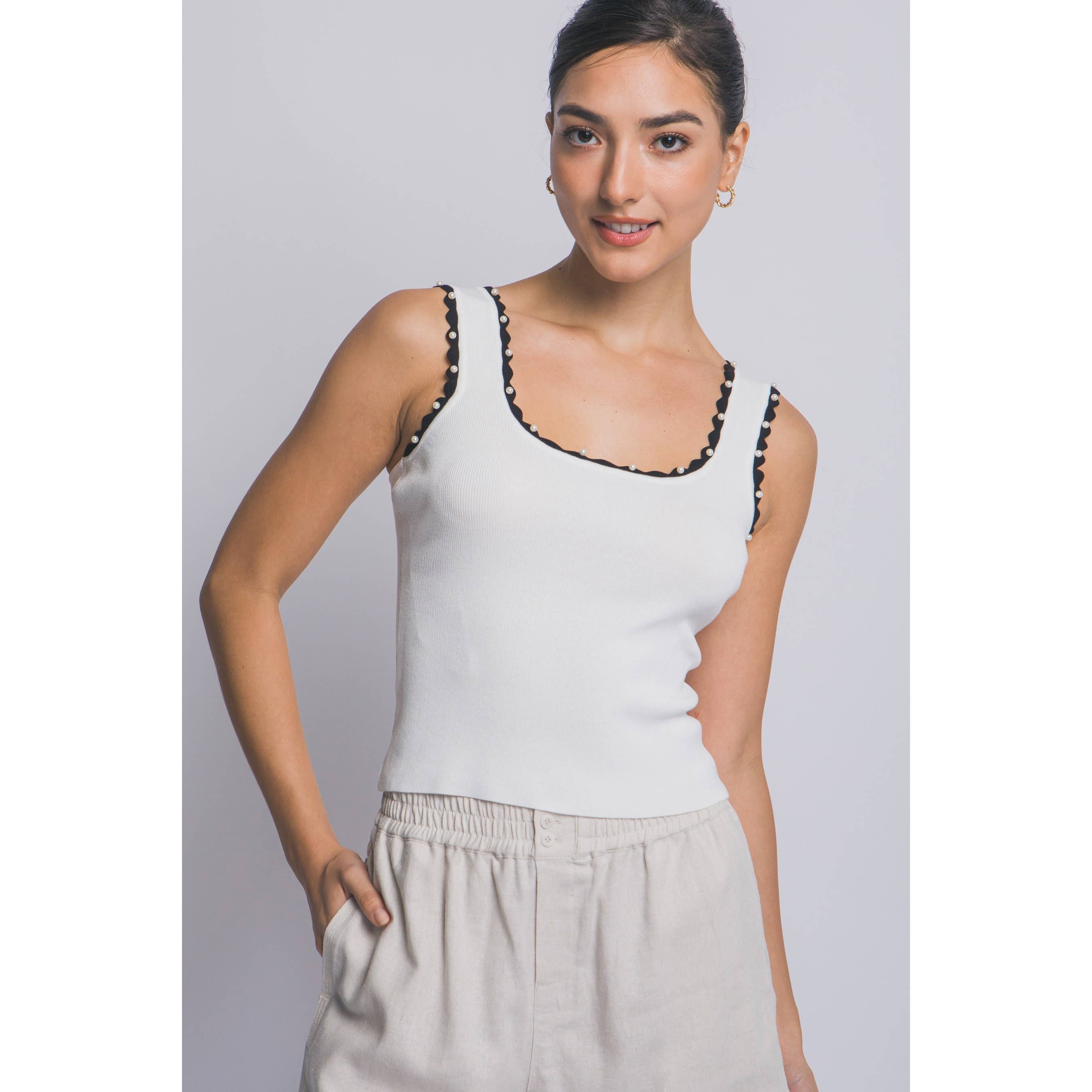 Ribbed Knit Tank Top w/ Lace Trim & Pearls