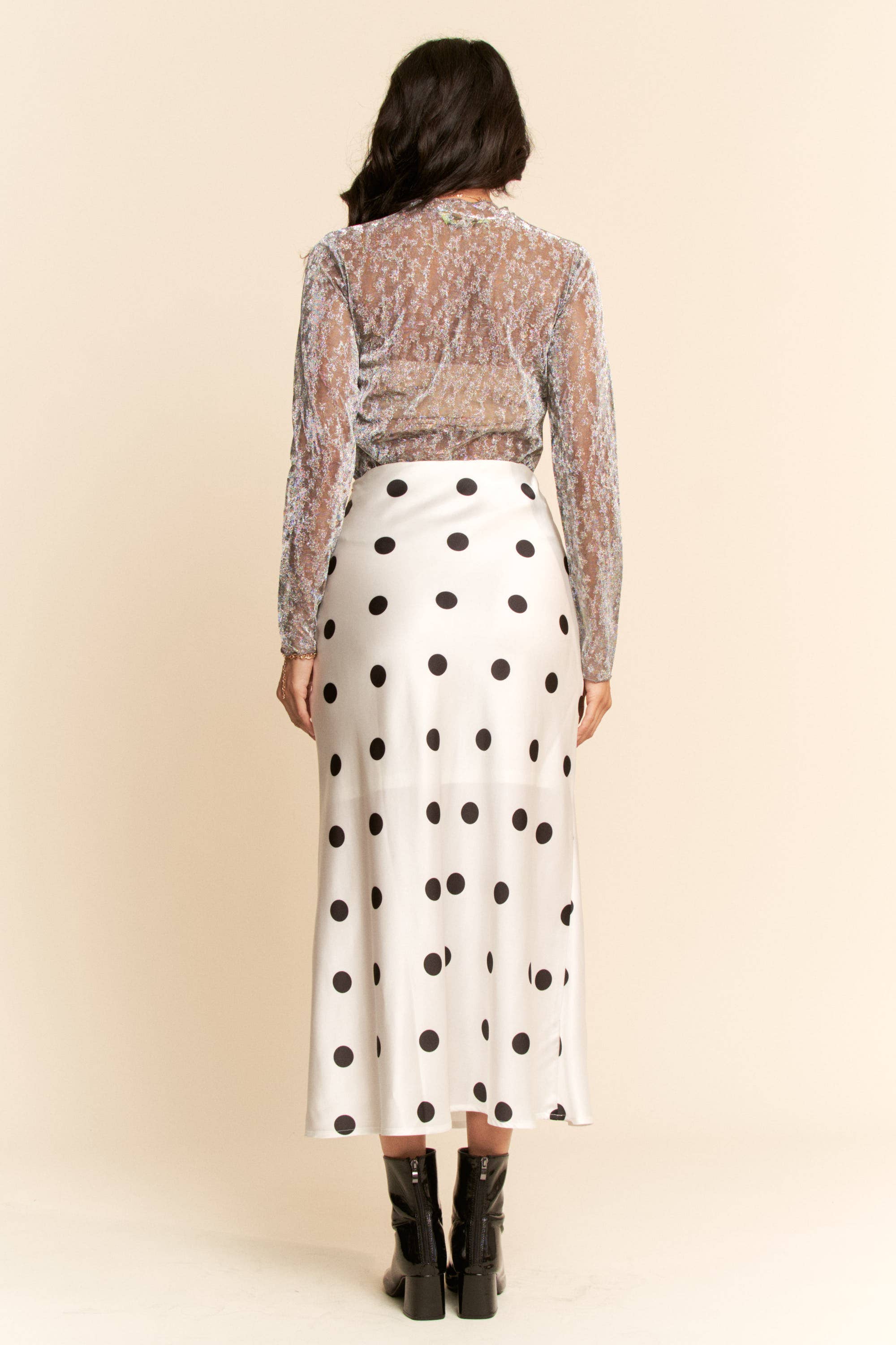 White & Black Polka Satin Dot Midi Skirt (Plus)