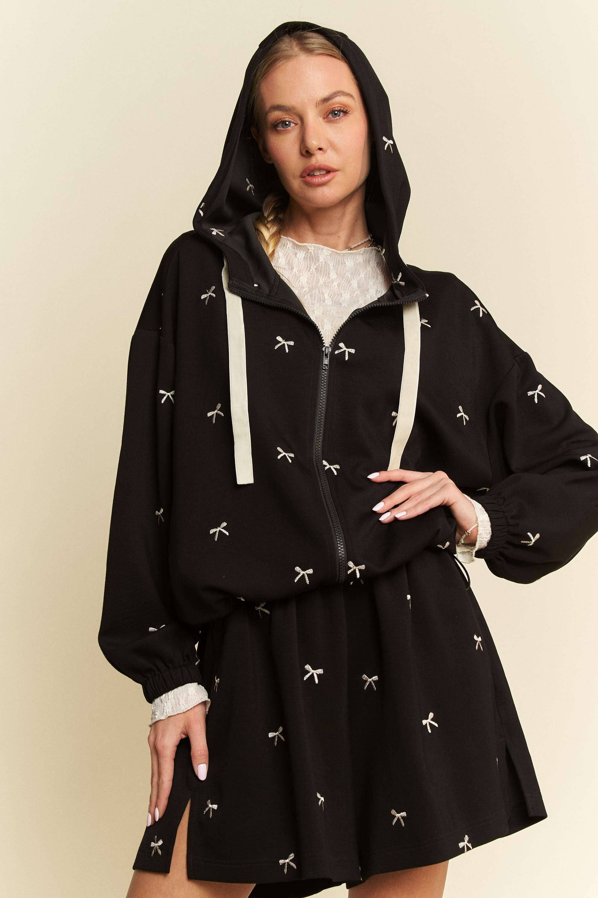 Ribbon Embroidery Zip Up Hoodie