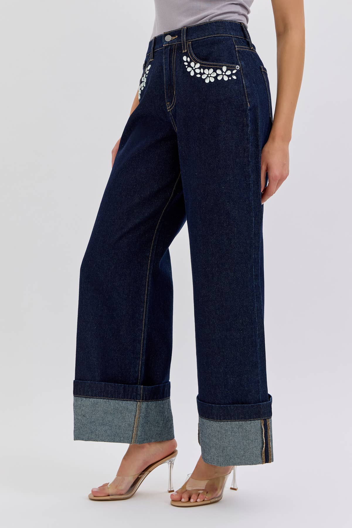 Dark Wash High Rise Wide Leg with Rhinestone Pocket Detail