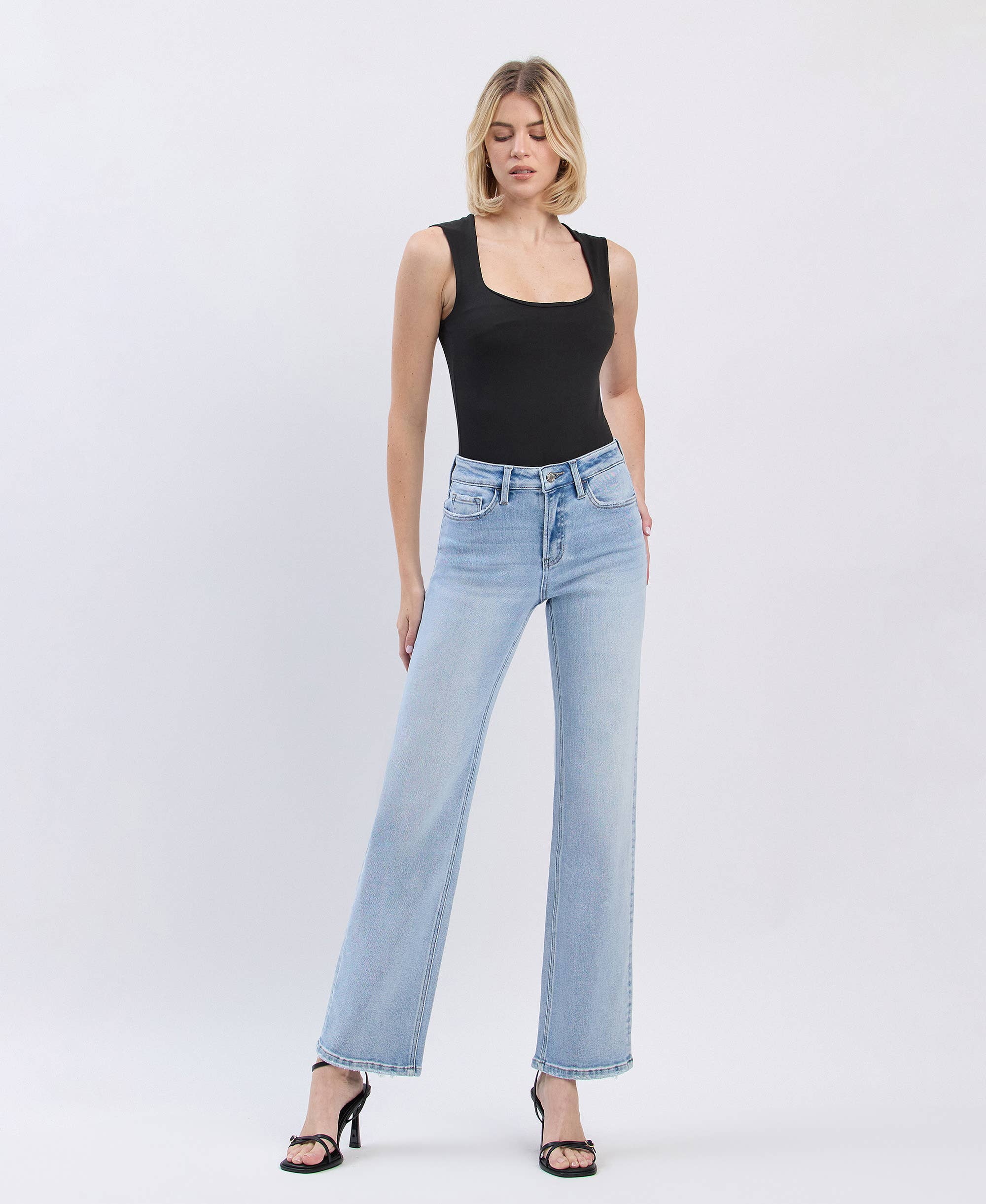 High Rise Light Wash Slim Wide Leg Jeans
