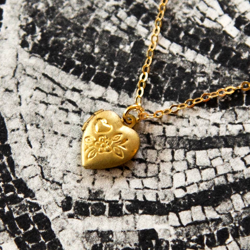 Vintage Tiny Brass Heart Locket Necklace