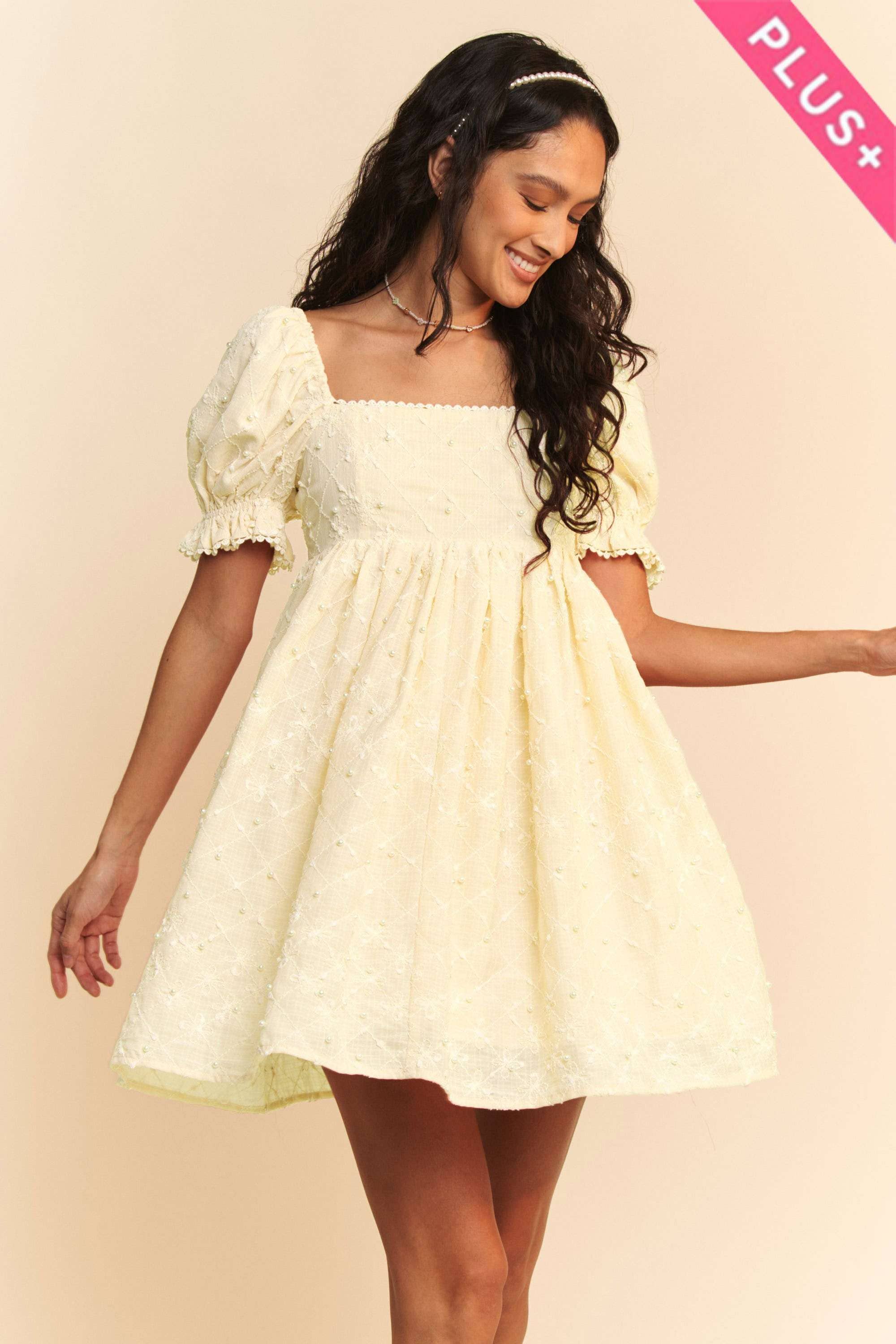 Puff Sleeve Floral & Pearl Detail Mini Dress (Plus)