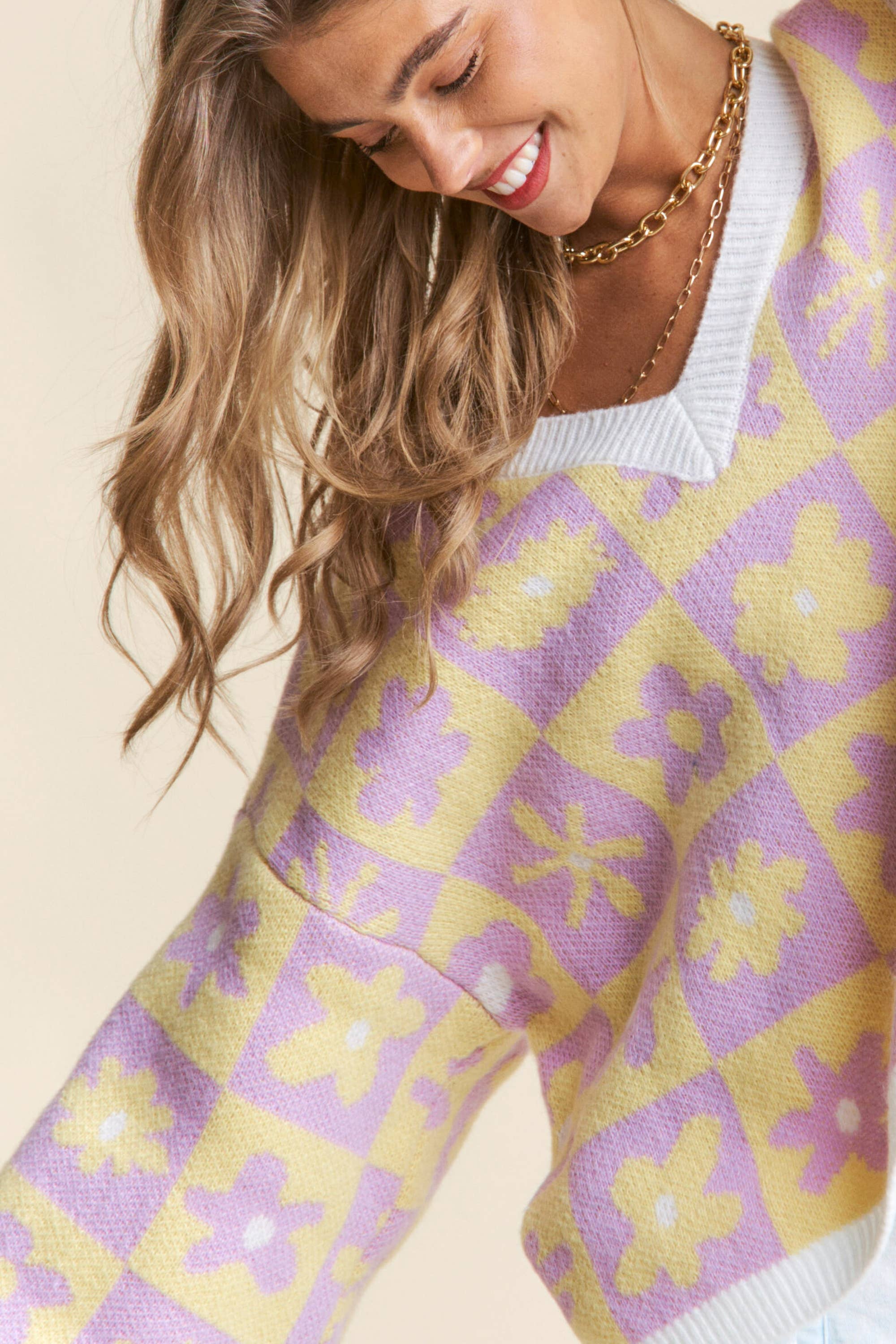 Floral Checkered Knit V Neck Sweater S-L / 1X-3X