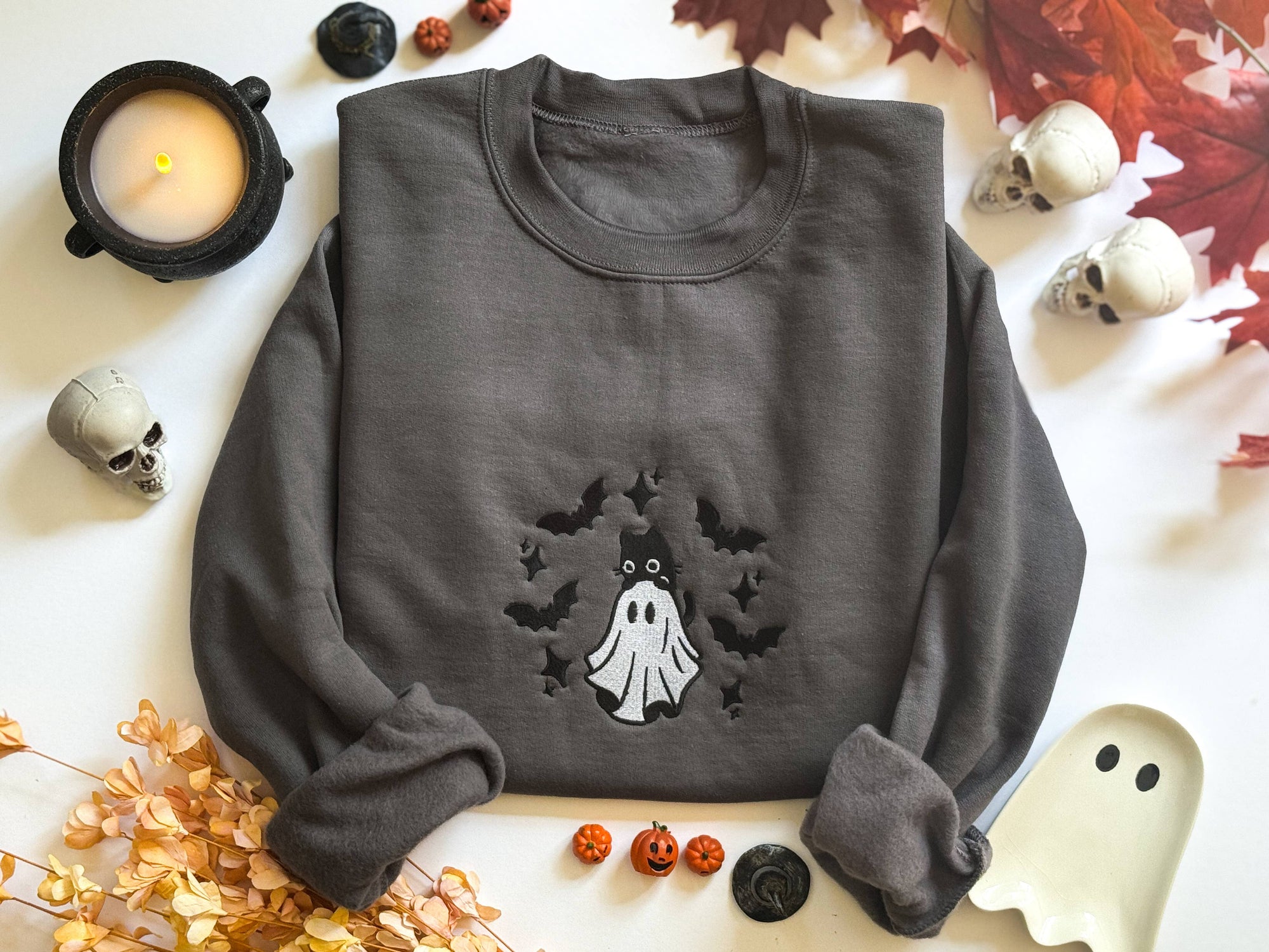 Ghost & Bats Embroidered Halloween Sweatshirt | Uni-Sex