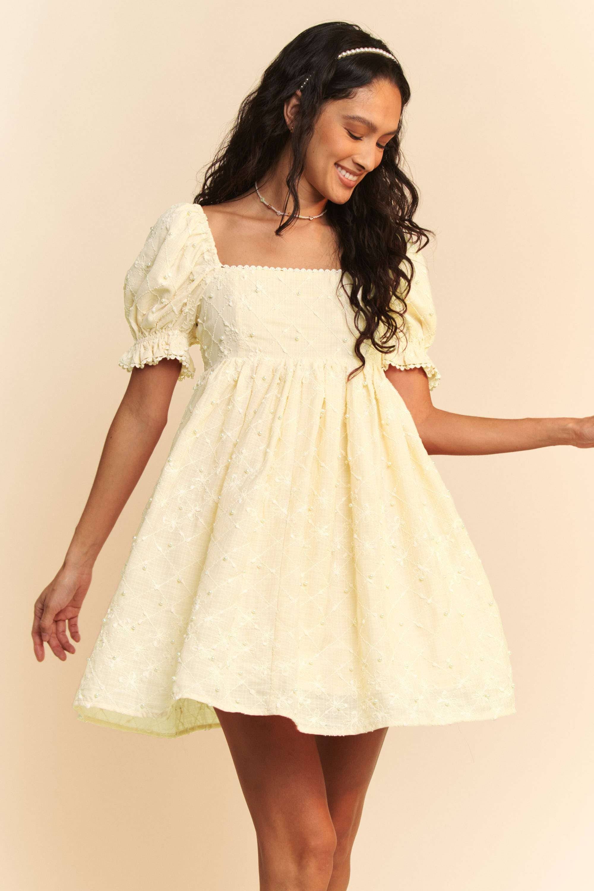 Puff Sleeve Floral & Pearl Detail Mini Dress